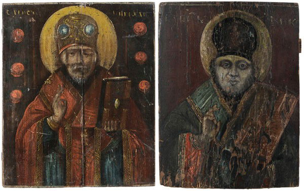 Two Russian Icons: (one late 18th century, one 19th century), Patriarchs, possibly Nikon: one late 18th century, 20-7/8 x 17-3/8 in., one 19th century, 13-1/2 x 10-1/2 in., both oil or tempera on convex panels, each wit