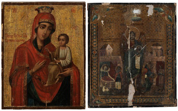 Two Russian Icons: (late 19th century), The Mother of God Smolenskaya, 10-1/2 x 8 in.; Saint John the Baptist, with scenes from his life, 12-1/2 x 10-1/4 in., both tempera on panel, both with retouch, crackle, cupping, 