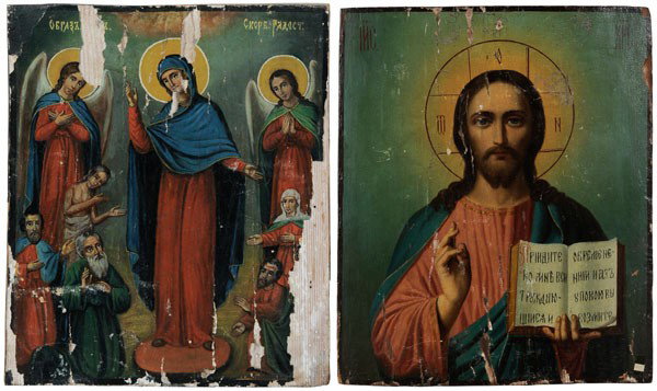 Two Russian Icons: (19th century), The Lord Almighty, oil on panel,14-1/4 x 11-15/16 in., [convex panel with two missing battens verso;] The Intercession of the Mother of God, tempera on panel, 10-5/8 x 8-3/4 in., [reto