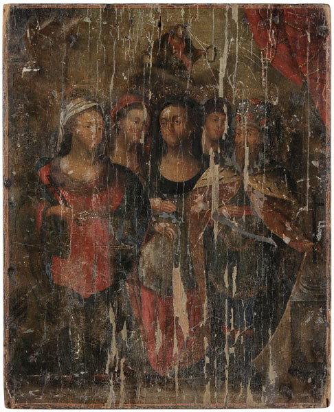 Russian Icon: (19th century), A Patriarch of the Church with Four Female Saints, oil or tempera on panel, 14 x 11-1/2 in., slightly convex panel, darkened, lacking nimbi, yellowed varnish; flaking, abrasions, grime