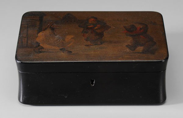 Stobwasser Style Painted and Lacquered: Box, German or Russian, 19th century, [papier maché,] rounded rectangular form, old man playing a drum for a dancing bear, confronted figure dressed possibly as Krampus, the goat-horned beast who pun