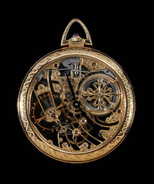 Patek Philippe Gold Skeletonized: Pocket Watch, gold skeletonized jeweled-lever movement visible from both sides, elaborately decorated with scroll motifs, marked "937002", 18 kt. yellow gold engraved zigzag and scroll case, black han