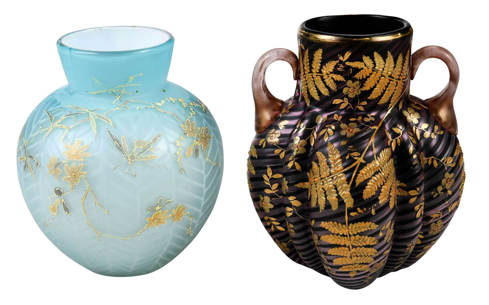Two Thomas Webb & Sons Attributed Glass Vases: circa 1890-1910, comprising: bulbous vase of opaque purple and black striped glass with elongated, narrow neck and two loop handles, the body with an overlay of gilt fern leaves on vines and individua