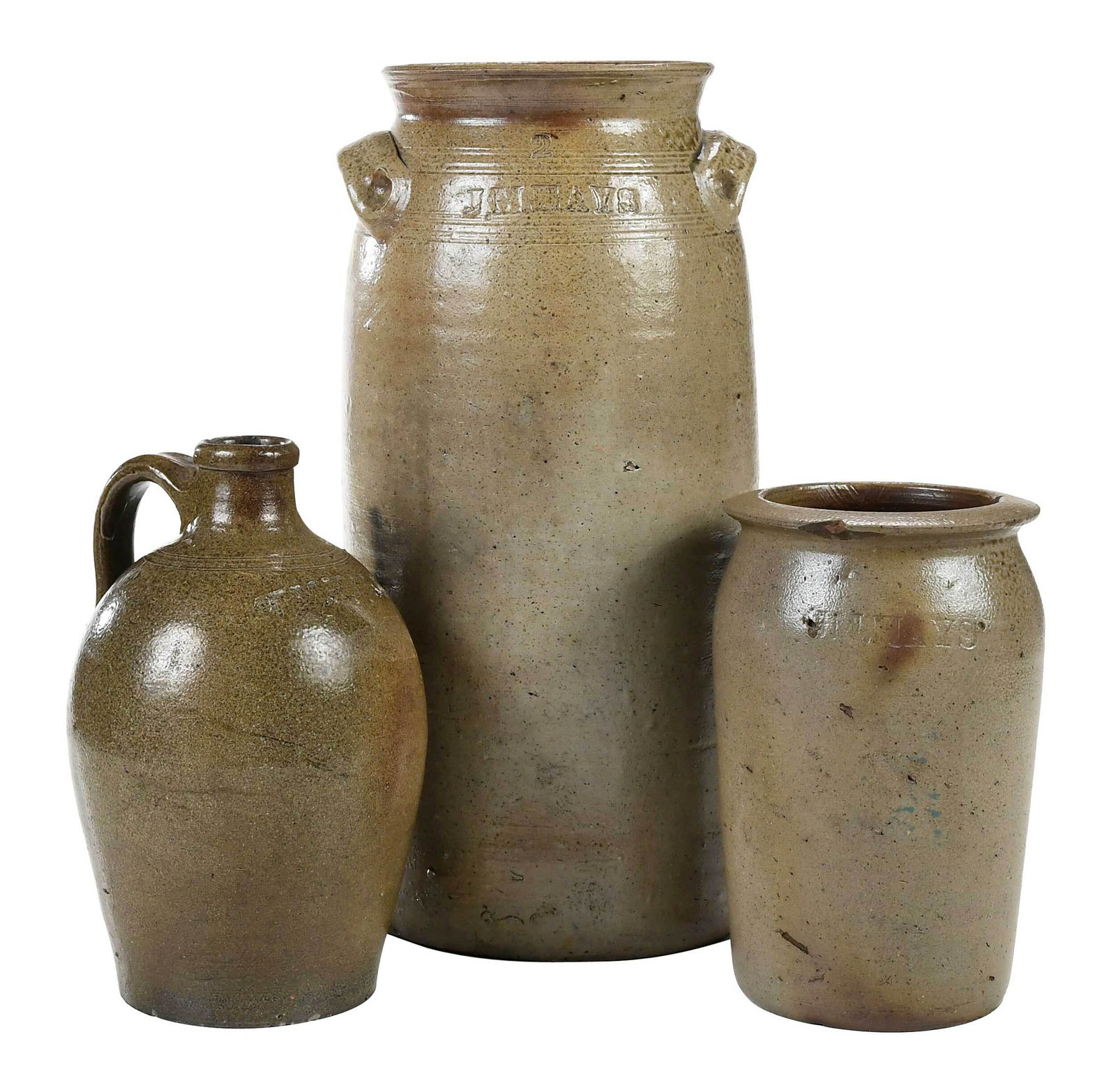 Three Pieces of J.M. Hays Pottery: (Randolph County, North Carolina, 1832-1922) salt glaze churn, cylindrical form with rounded shoulder, two bands of ringed line decoration below neck, applied lug handles, flared rim, impressed "JM Ha