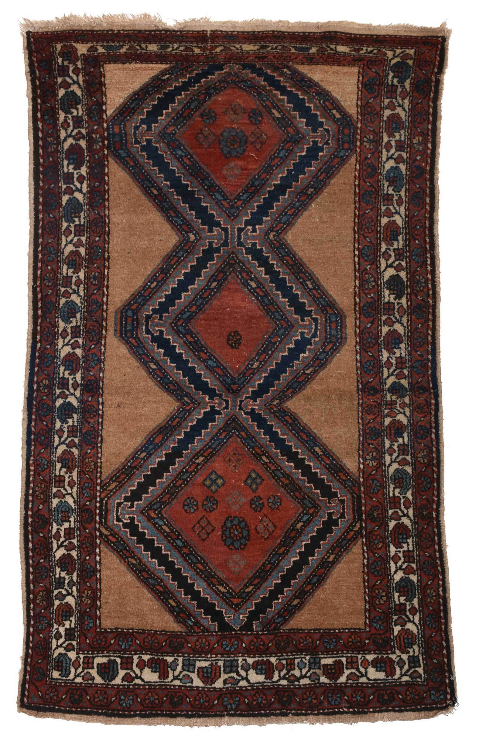 Hamadan Rug: mid 20th century, camel colored field, three central stepped medallions, white border, 6 ft. 8 in. x 4 ft. 2 in.