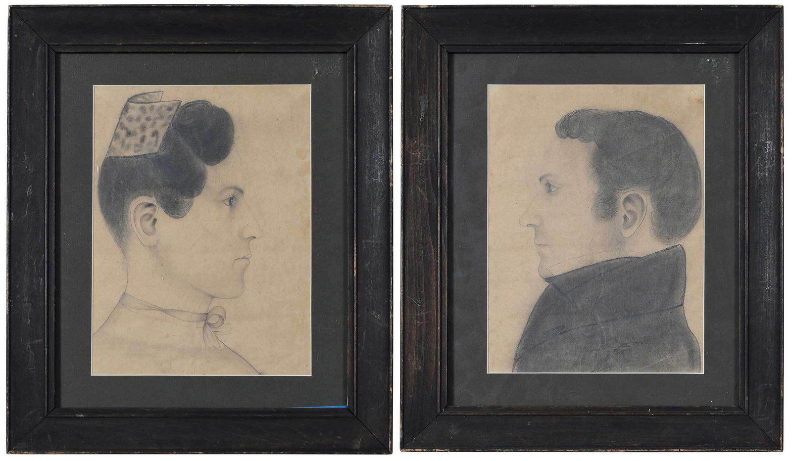 Pair of Homesteader Portraits: (American, late 19th/early 20th century) Mr. and Mrs. Freeman, unsigned, later note attached verso "Mr. Freeman came to Oregon by Wagon Train in 1865/settled in Warren Oregon/on homestead", with simil