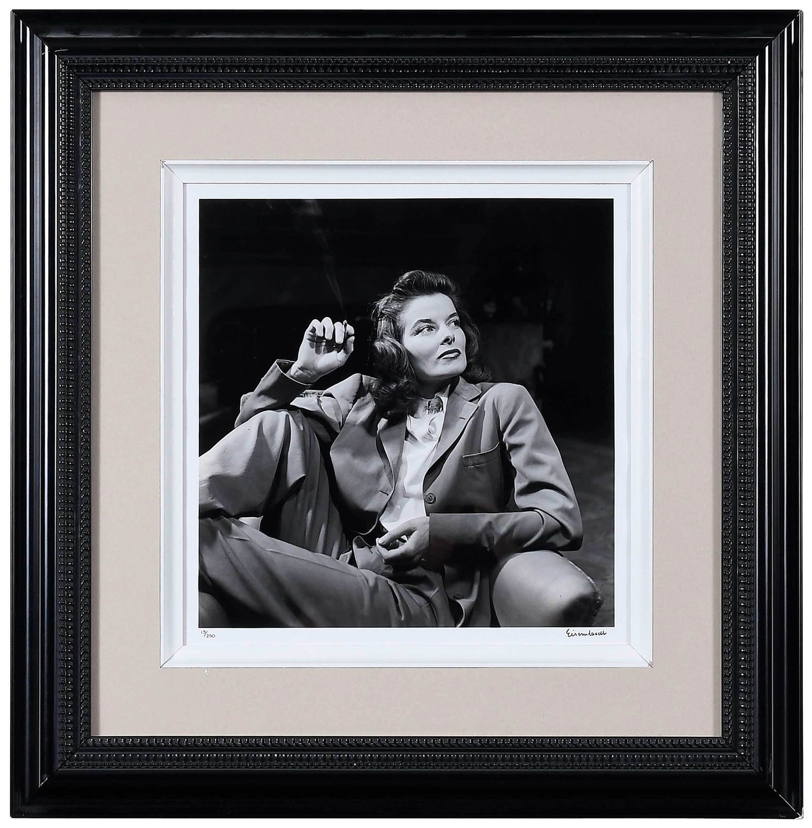 Alfred Eisenstaedt: (German/America, 1898-1995) Katherine Hepburn, New York City, 1938, printed later, signed recto lower right margin "Eisenstadt" and editioned 13/250, inscribed verso in pencil "Print made in Time Inc