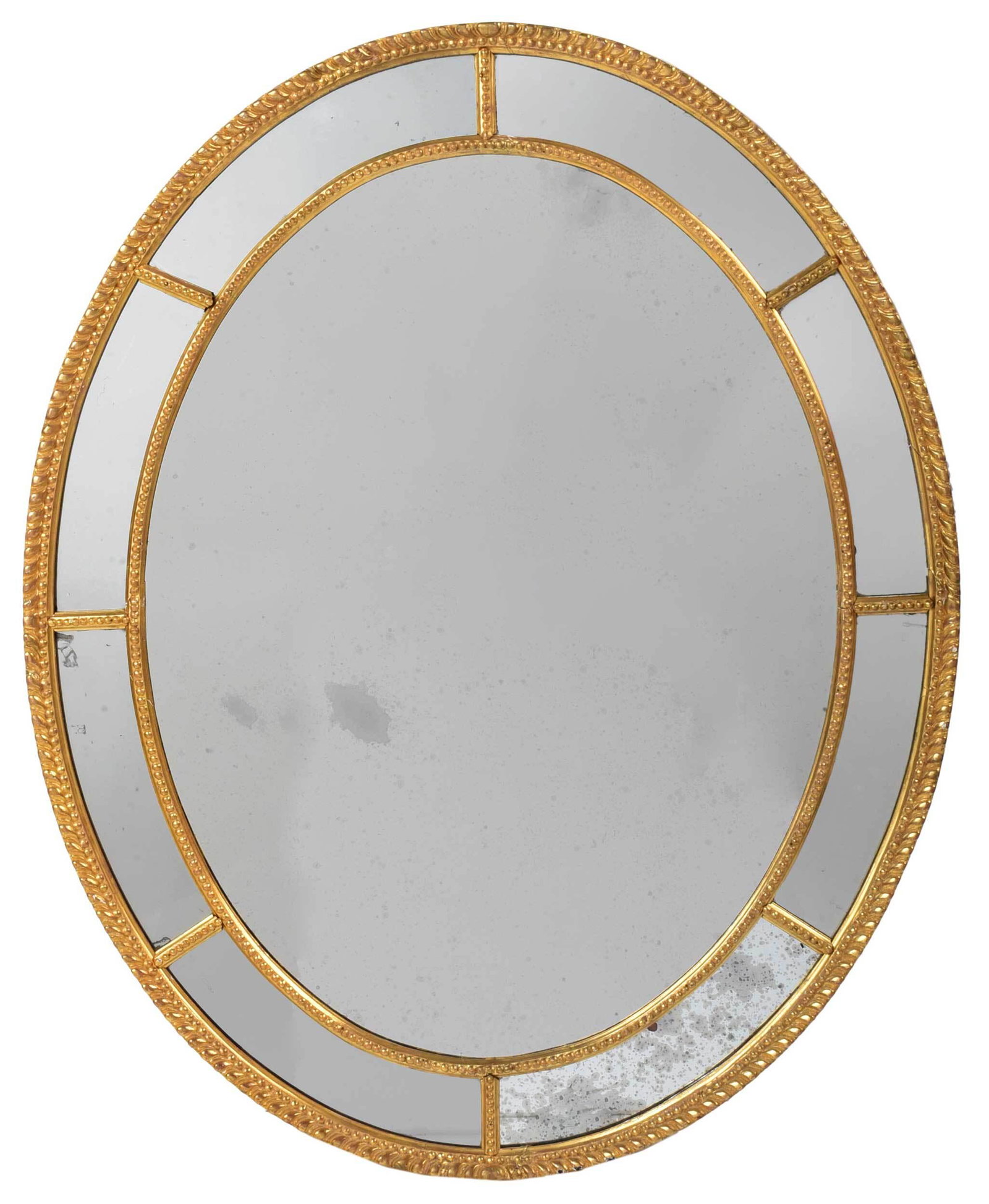 George III Style Gilt and Mirror Framed Mirror: 20th century, carved and gilt oval frame centering panels of mirrors, 46-1/4 x 37-1/2 in. Provenance: Private Collection, Brookline, Massachusetts