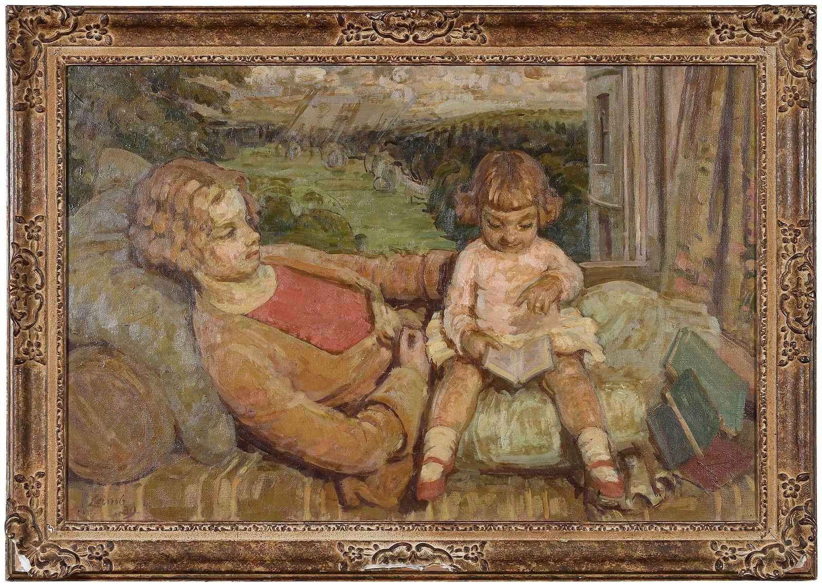 Henry Taylor Lamb Painting: (British, circa 1883-1960) The Artist's Wife, Lady Pansy Lamb, and Daughter Henrietta, Reading, 1939, signed lower left "Lamb/39", oil on canvas, 17-7/8 x 27 in.; painted wood and composition frame, 2