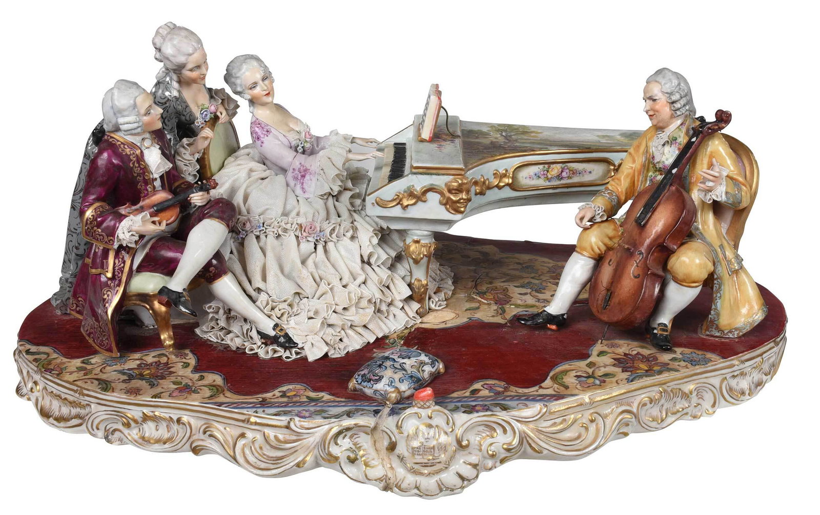 Luigi Fabris Porcelain Concert: Italian, 20th century, scene featuring four figures in 18th century clothing with floral enameling, gilt decoration, lacey cuffs, cello and piano, large base with gilt decoration and enameling, signed