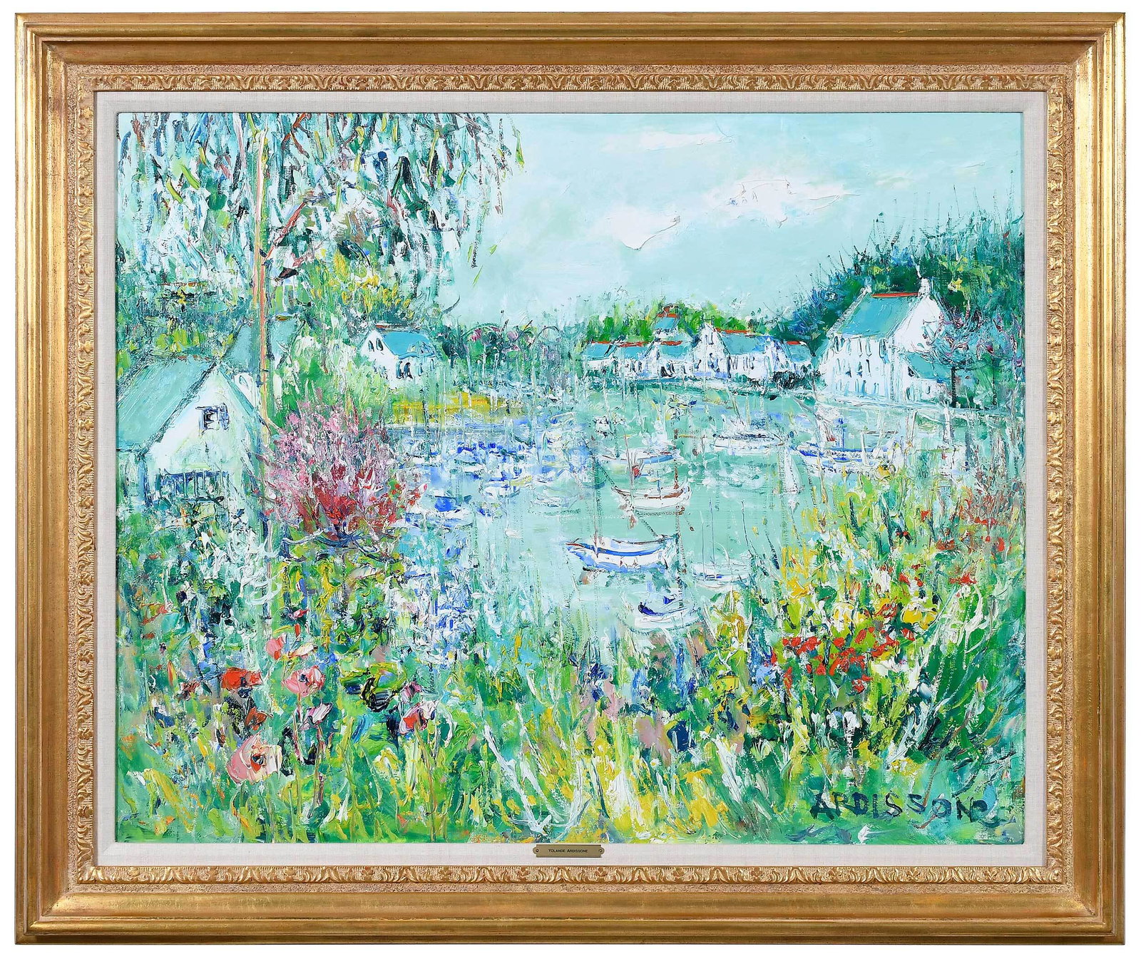 Yolande Ardissone Painting: (French, born 1927) Boats and Cottages, signed lower right "Ardissone", oil on canvas, 32 x 39-1/2 in.; gilt wood frame, 39-1/2 x 47 in. Provenance: Wally Findlay Galleries, No.112741; A North Carolin