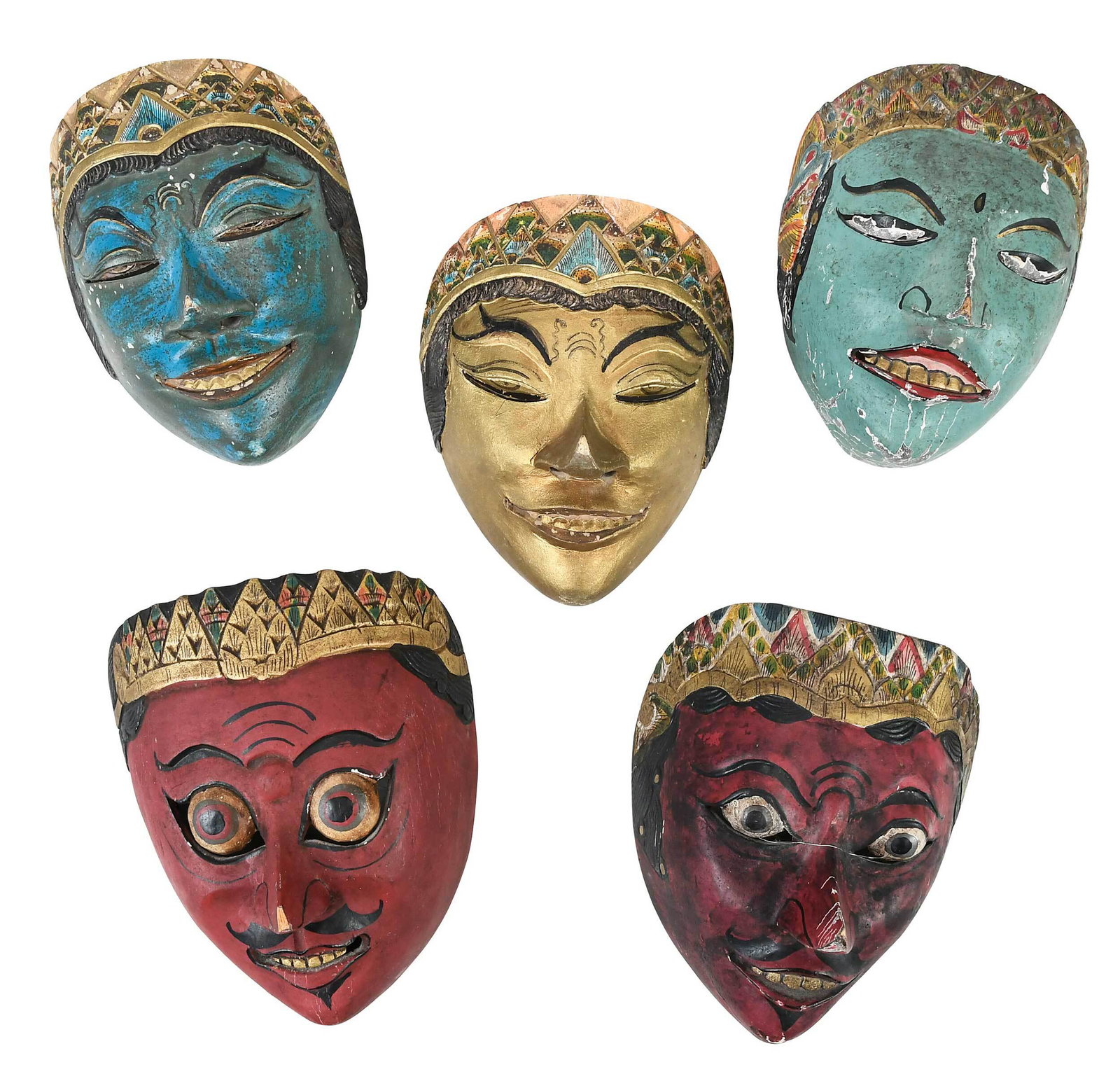 Five Indonesian Wooden Carved Painted Masks: set of five Wayang Gareng masks; two red painted masks, two blue painted masks and one gold painted mask, 8-1/4 in. Provenance: Collection of Dr. Allen Grimes, Lexington, Kentucky