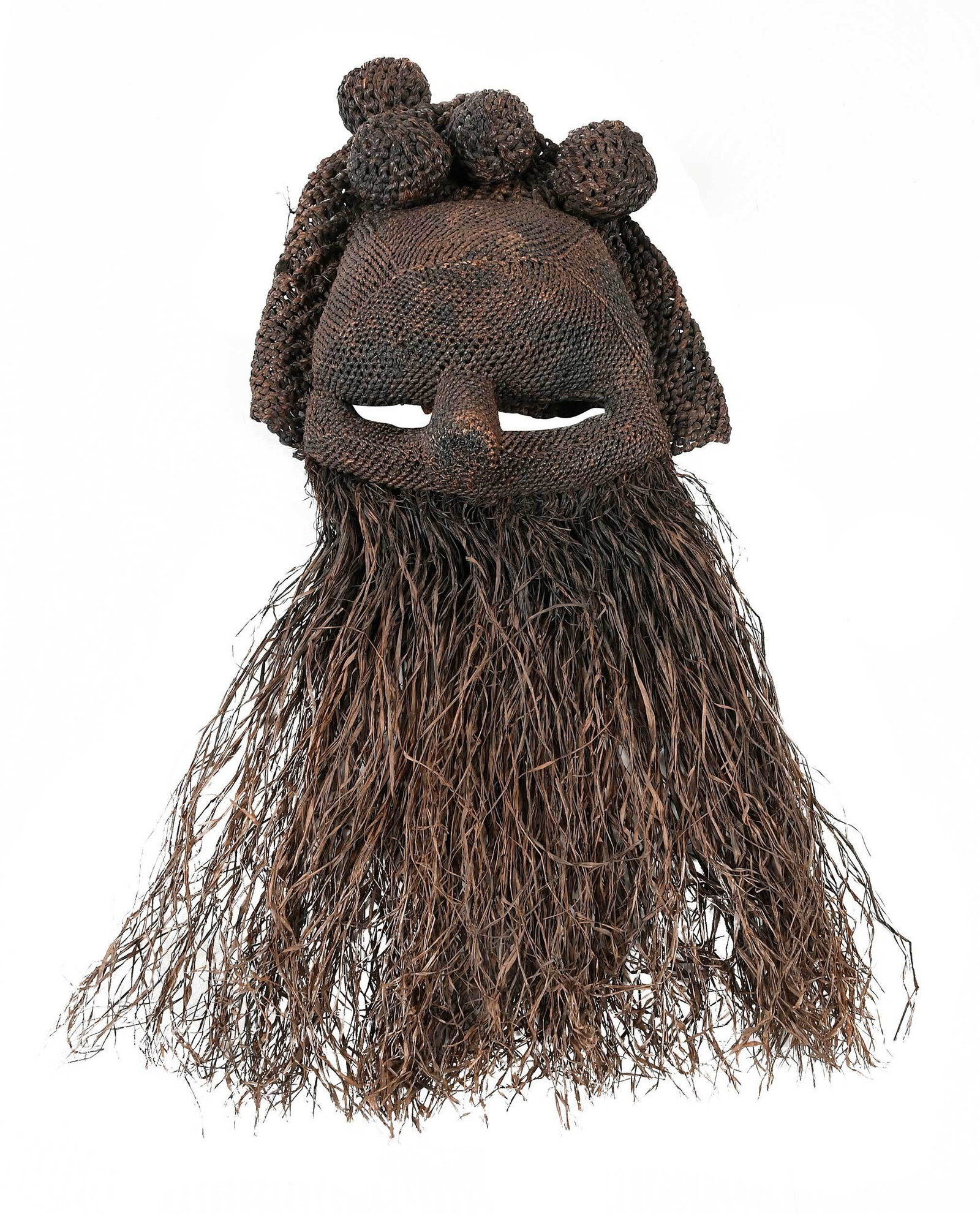 Congolese Salampasu Fiber Mask: Idangani mask, woven vegetable fiber face with eye holes, large nose, beard and hair features, 22-1/2 x 9 in. Note: Acquired by Dr. Grimes in 1973. Ceremonial mask for the Salampasu people. Provenance