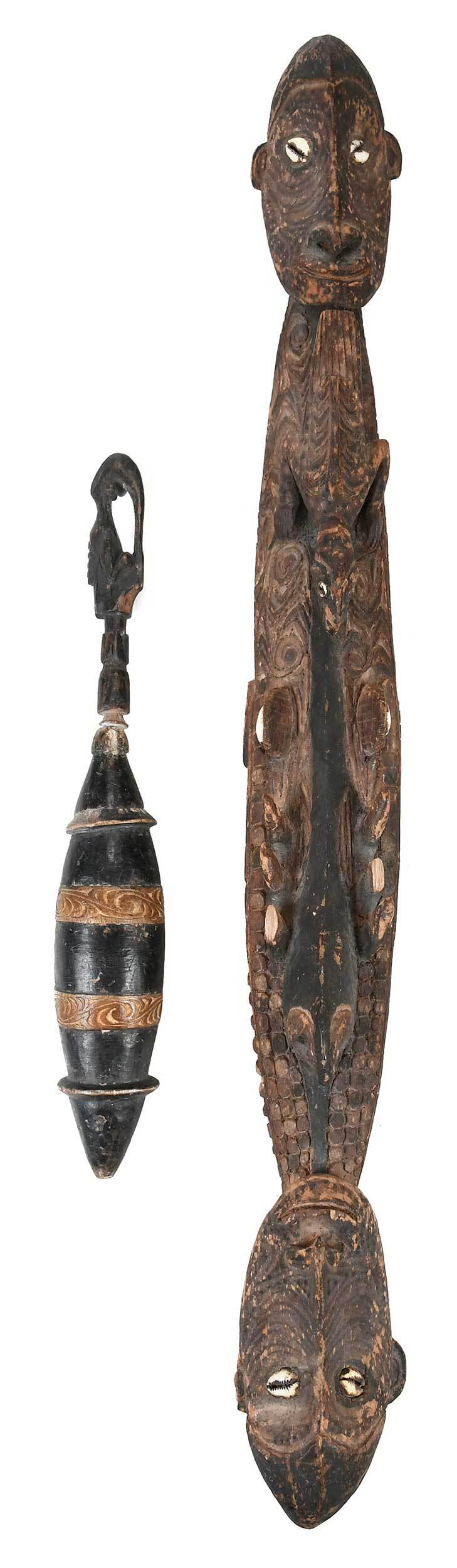 Two Papua New Guinea Ceremonial Wooden Objects: comprising: lime spatula painted black with two undulating pattern designed bands and figural handle, inscribed "194883708/AD", 15-1/2 in.; upper Sepik River ceremonial painted and carved figure with 