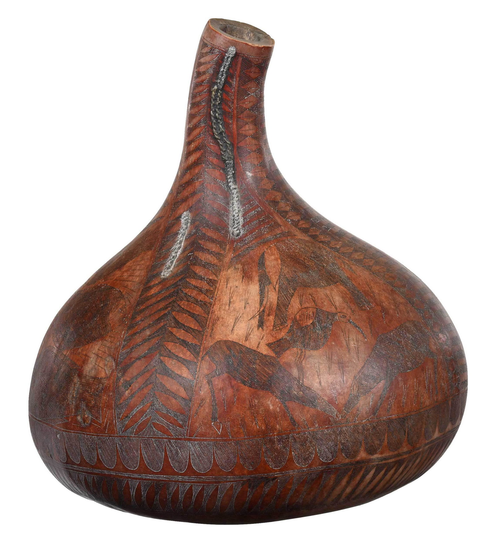 Large Kikuyu Carved Gourd Vessel: Kenyan, bulbous body with elongated neck, etched designs of fish, elephant, birds, deer, and water buffalo and geometric patterns, 20-3/4 x 16-1/4 in. Provenance: Collection of Dr. Allen Grimes, Lexin
