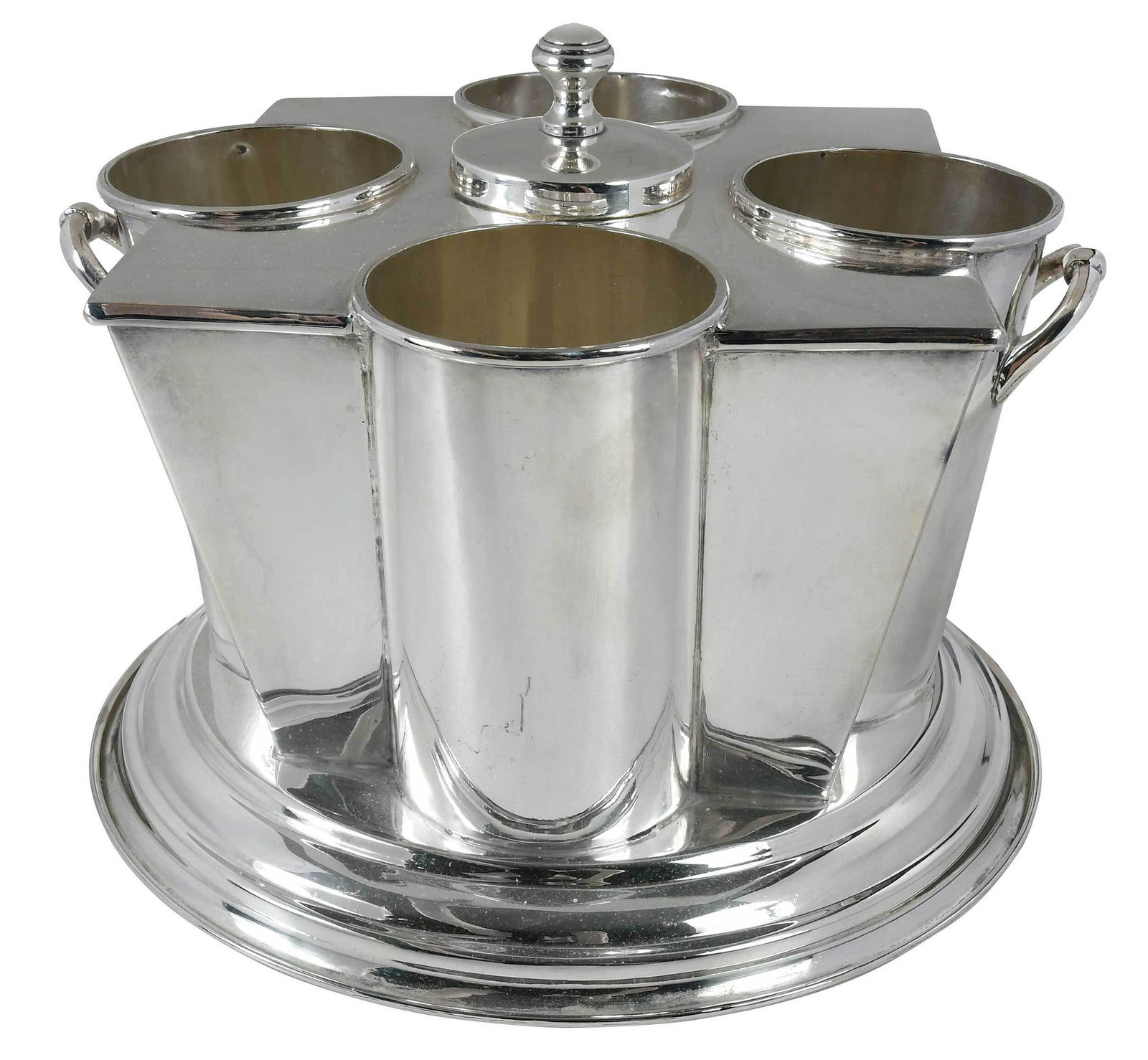 Royal Castle Silver Plate Wine Cooler: English, 20th century, four bottle holders with central covered ice well, two handles, marked "Royal Castle/Sheffield/EP", 9 x 12-3/4 x 12-3/4 in. Provenance: From the Estate of a Harvard University P
