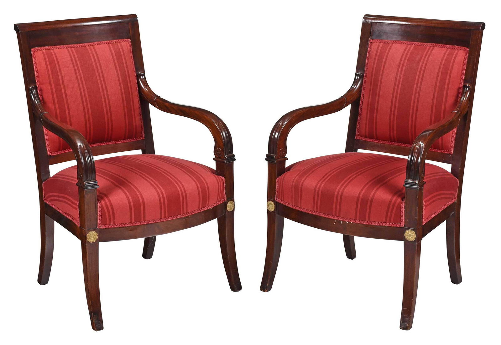 Pair of Empire/Style Mahogany Bronze Mounted Armchairs: French, 19th century, each figured mahogany frame with scrolled and leaf carved arms, saber legs with gilt bronze rosettes, striped upholstery, 36 x 23-1/4 x 20 in. Provenance: Property from a Cambrid