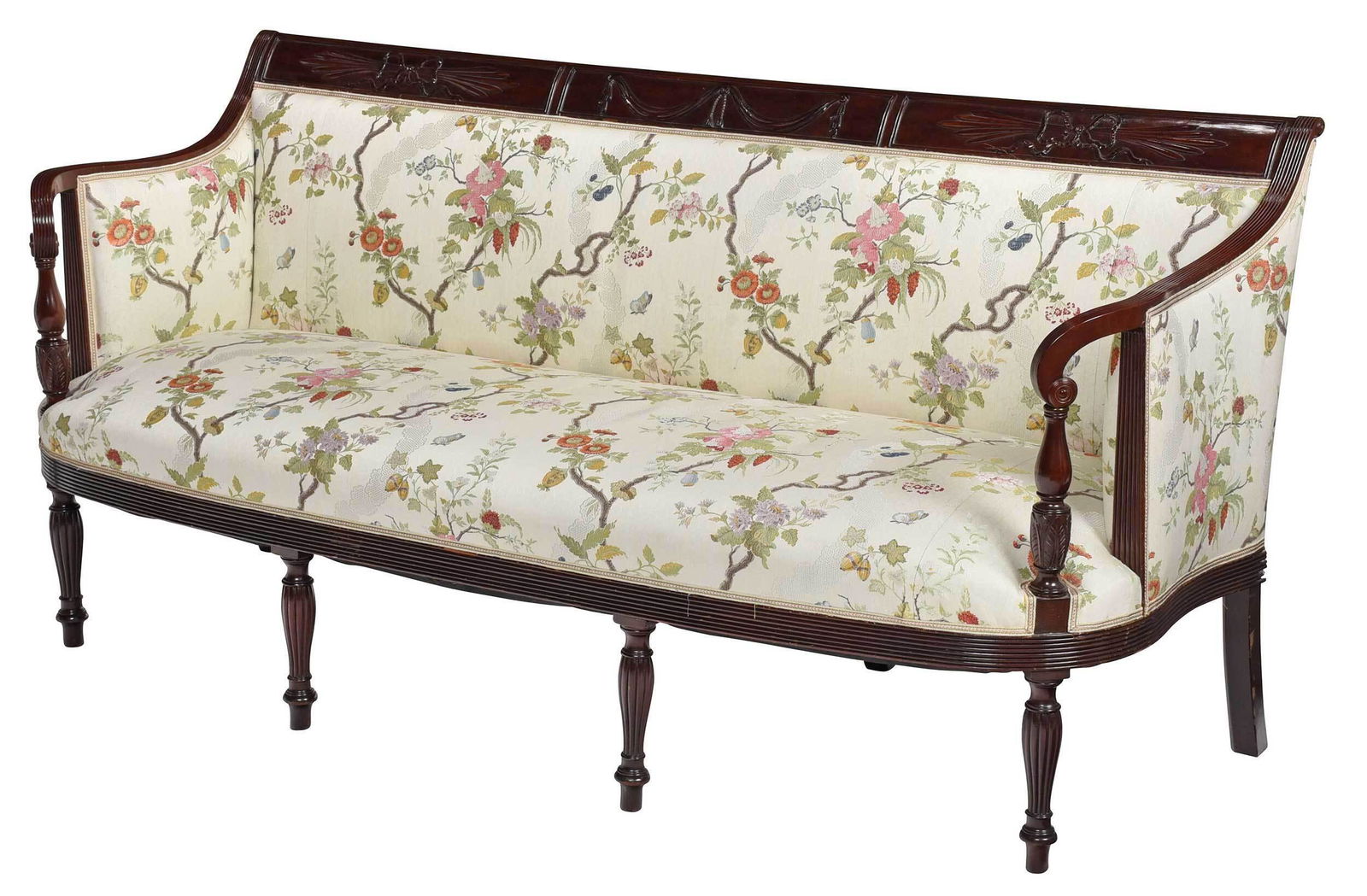 New York Federal Style Carved Mahogany Sofa: late 19th century, in the manner of Duncan Phyfe, with ribbon and drapery carved back, incurved arms on leaf carved supports, fine floral embroidered upholstery, 35 x 73 x 27 in. Provenance: Property