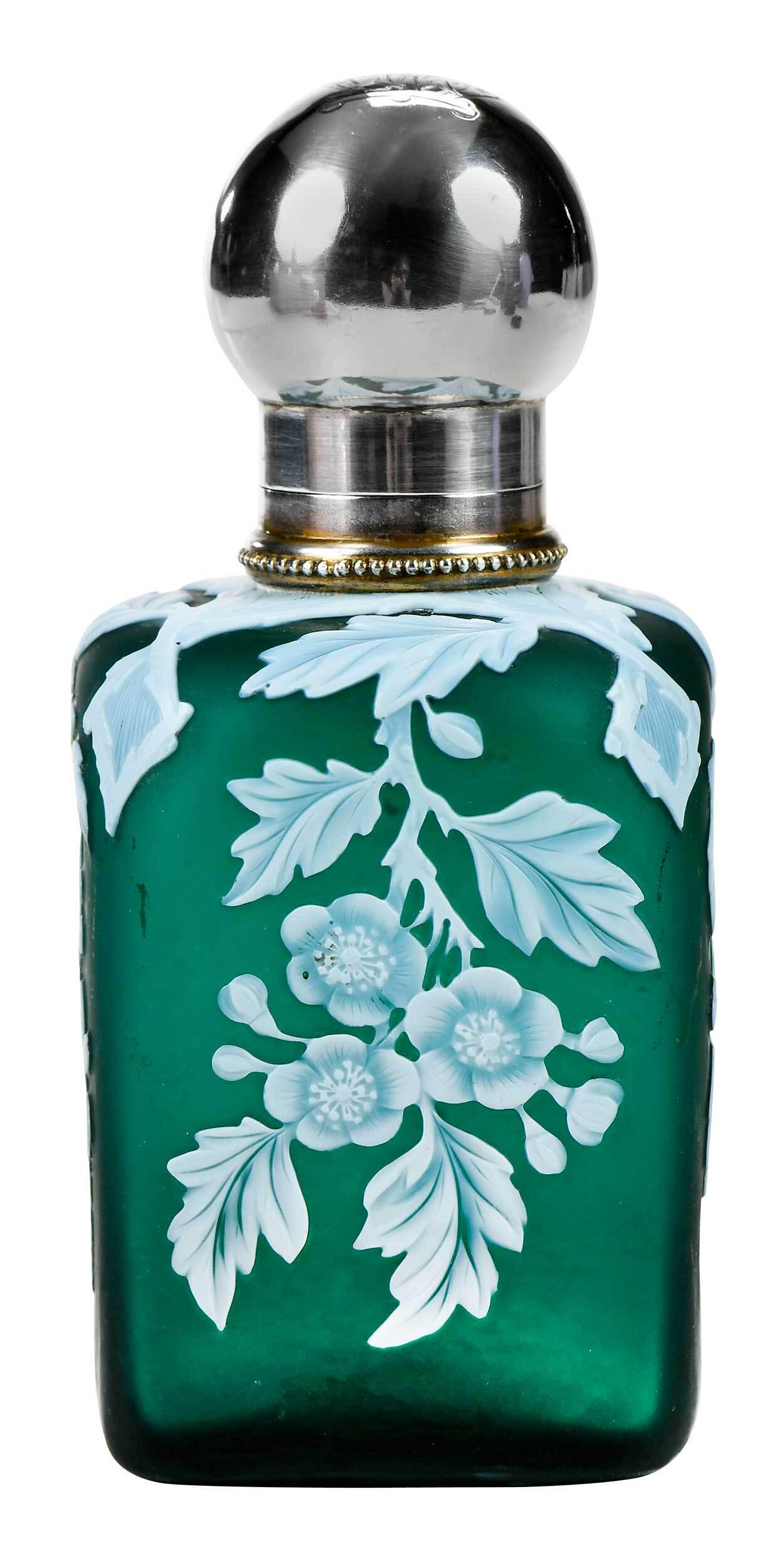 Thomas Webb Cameo Glass and Silver Perfume Bottle: British, late 19th century, of rectangular form, green with pale blue flowers, buds, and vines, English silver screw top cap, gilt interior base mount, beaded neck, monogrammed, marks for Frederick Br