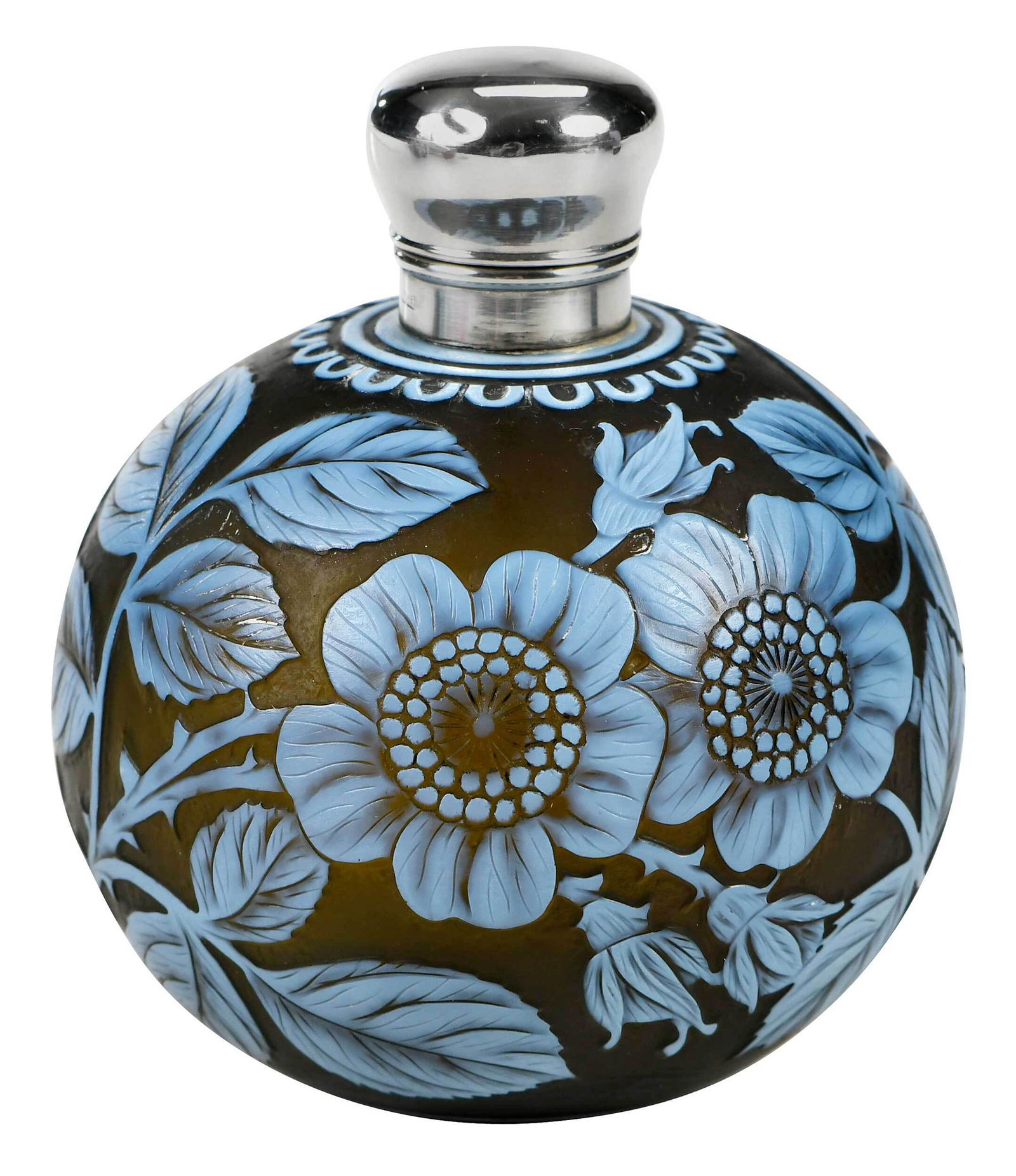 Thomas Webb Cameo Glass Perfume Bottle: British, late 19th century, of spherical form, blue cameo cut flowers and leaves to body, butterfly, all on raisin colored ground, triple border with rings and flutes to neck, double border to base, E