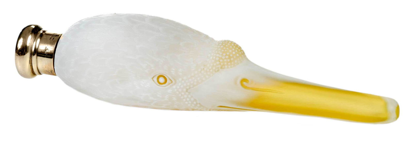 Rare Thomas Webb Glass Swan Head Perfume: British, late 19th century, cameo carved white feathers over yellow beak, English deign registry number 11,109, English gilt silver screw cap, corked interior, marks for Sampson Mordan & Co., London,