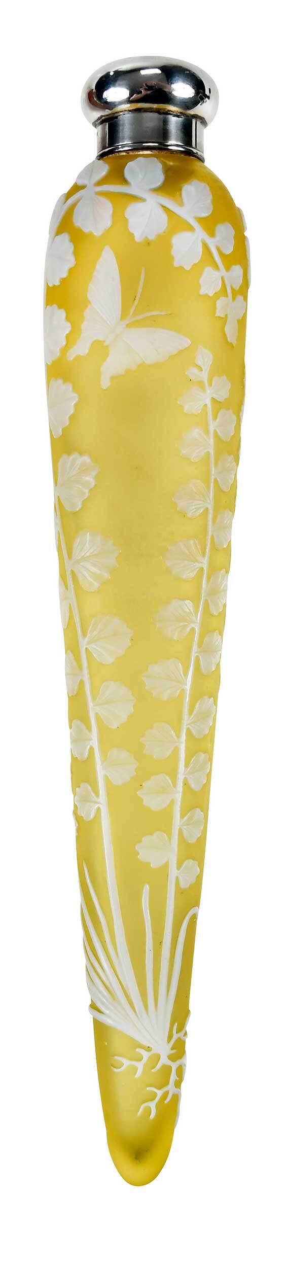 Thomas Webb Cameo Glass Laydown Perfume: British, late 19th century, of elongated teardrop form, yellow over clear over white, butterflies, white leaves with stems and roots at base, sterling cap marks for Gorham, 10-1/4 in. Provenance: Coll