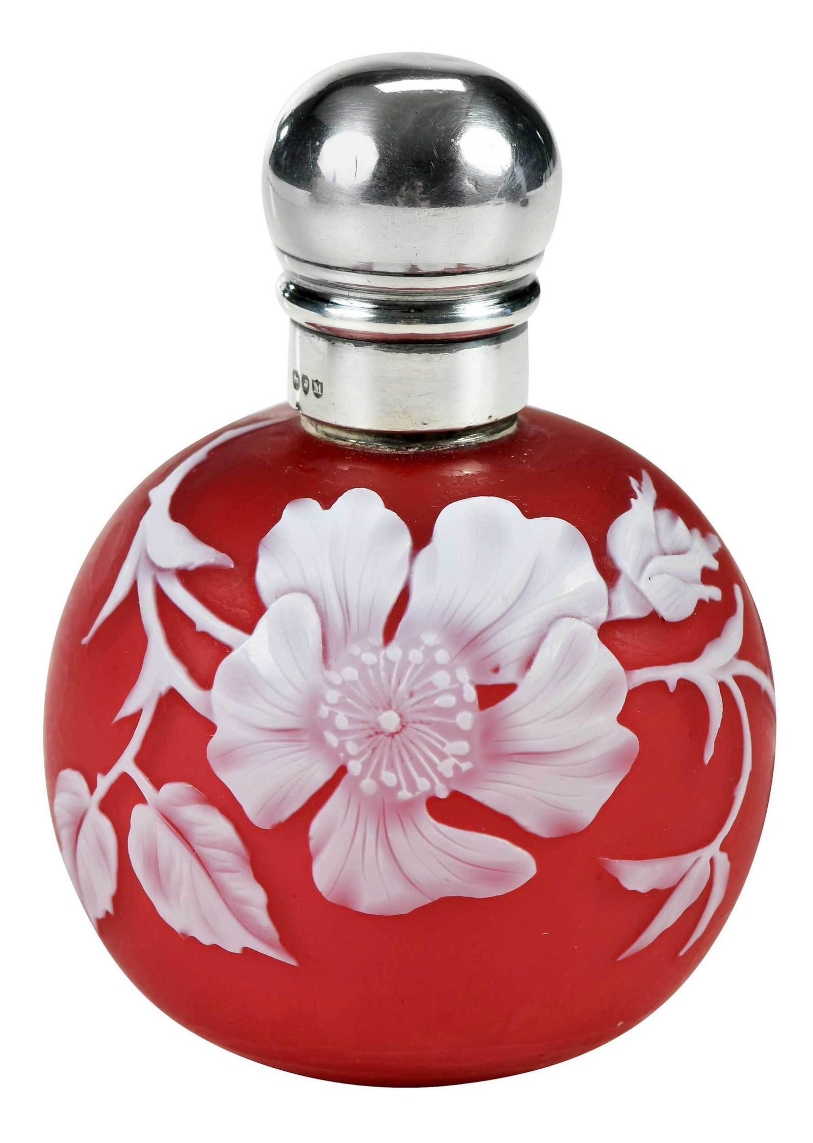 British Cameo Glass Perfume, Probably Thomas Webb: late 19th century, of spherical form, cameo cut white over red over white, carved flower and leaves, English silver screw cap, gilt hardware, marks for Sampson & Mordan, London, 1887, .925 fine, cork