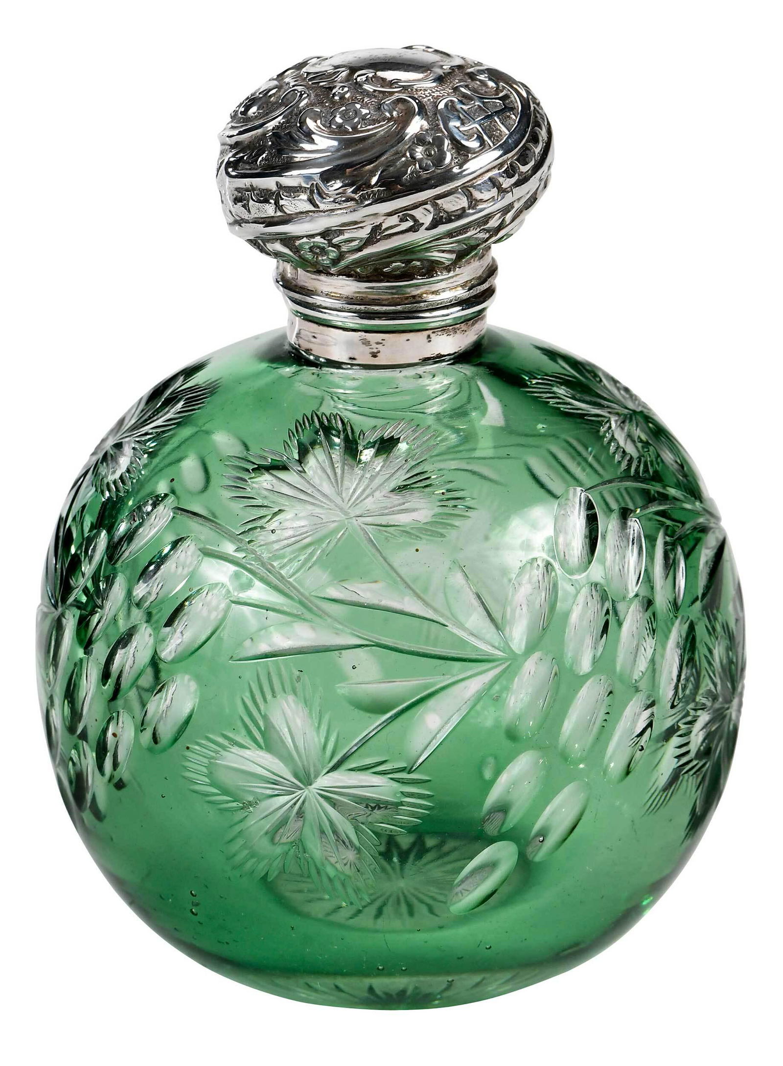 British Green Cut to Clear Glass Perfume Bottle: late 19th century, having a spherical bottle, cut with flower and leaves, sunburst to base, hinged English silver cap and hardware, floral repousse decoration, no monogram, marks for Henry Matthews, B