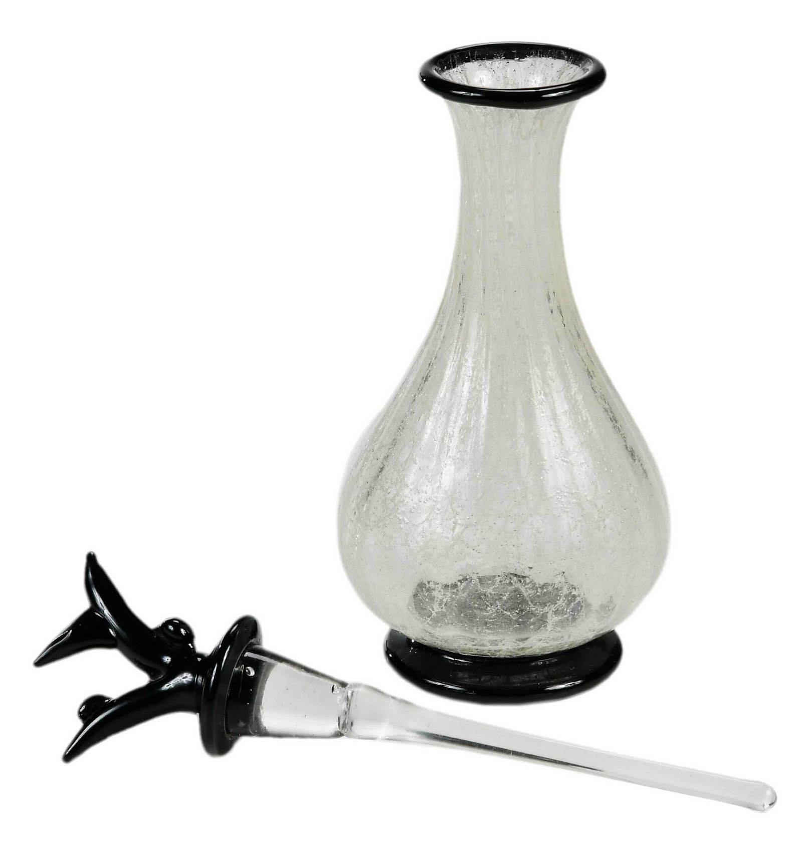 Rare Ercole Barovier Primavera Glass Perfume Bottle: Italian, circa 1929-1930, of amphora form, ribbed body with "spider webbing" decoration, onyx glass ring around neck and stopper, long, clear dauber, branch form finial, 6-1/2 in. For similar examples
