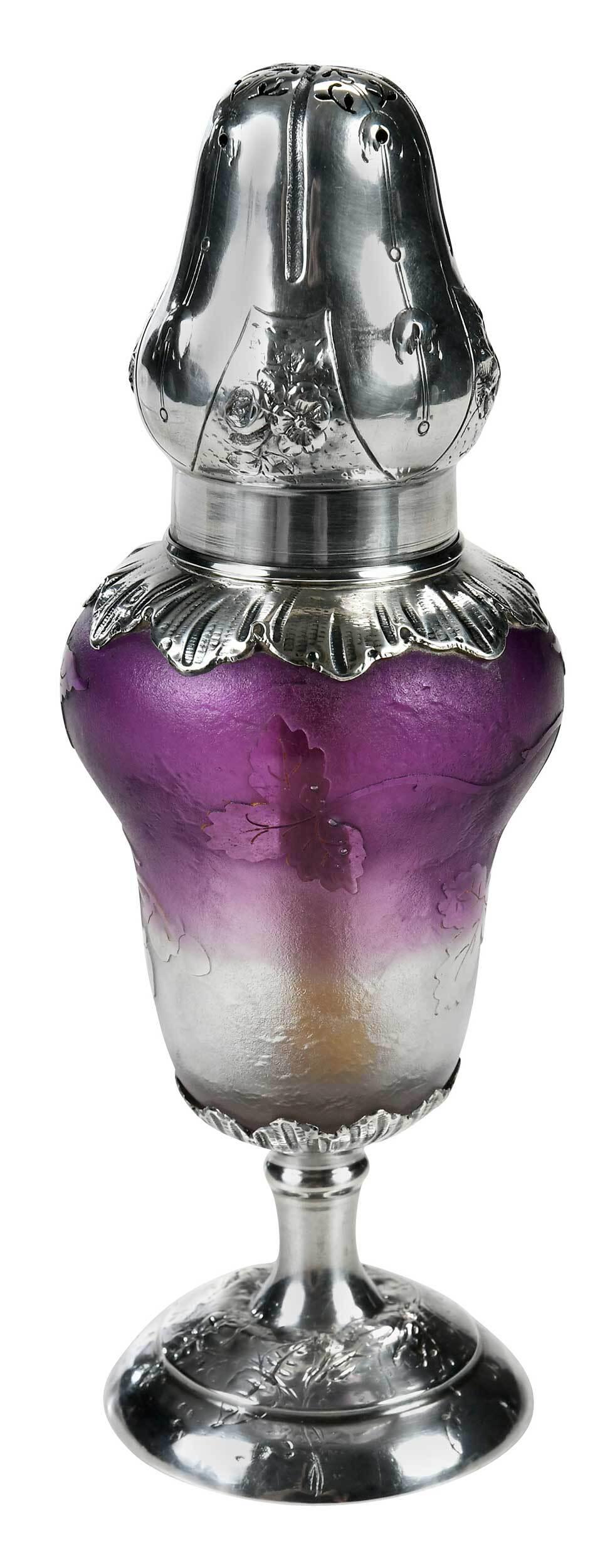 Daum Cameo Grisaille Glass and Silver Burner Diffuser: French, late 19th/early 20th century, of gourd form, having amethyst to clear glass, leaves and vines in cameo grisaille, with wick and stone, gilt French silver cap, mounts and circular base, partial