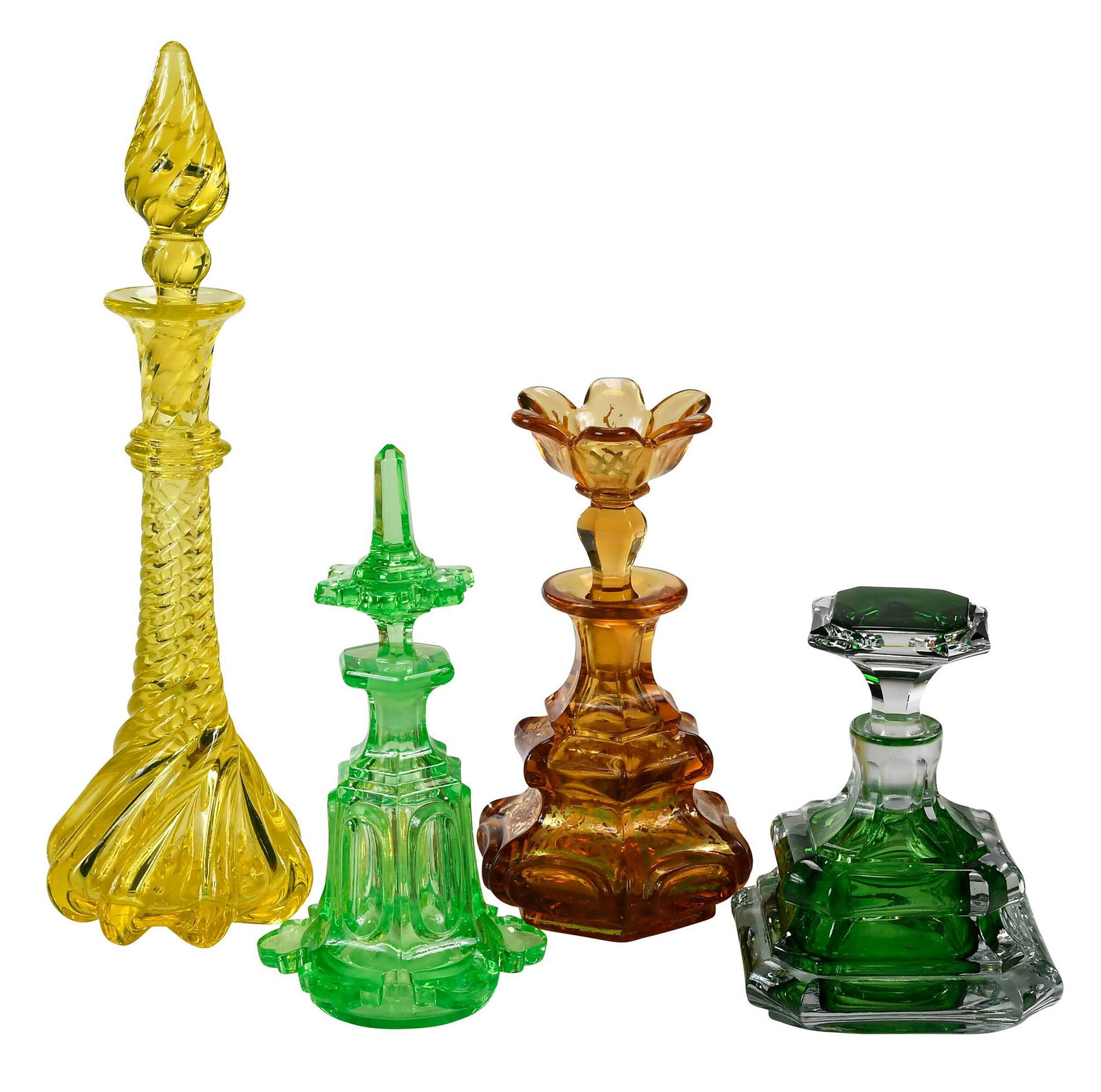 Four Molded and Cut Glass Colored Perfumes: 19th/20th century, comprising: Baccarat amber pyramidal form bottle with gilded lattice design, flower form stopper, stopper and base numbered "55", 6 in.; yellow glass bottle with large swirls gradua