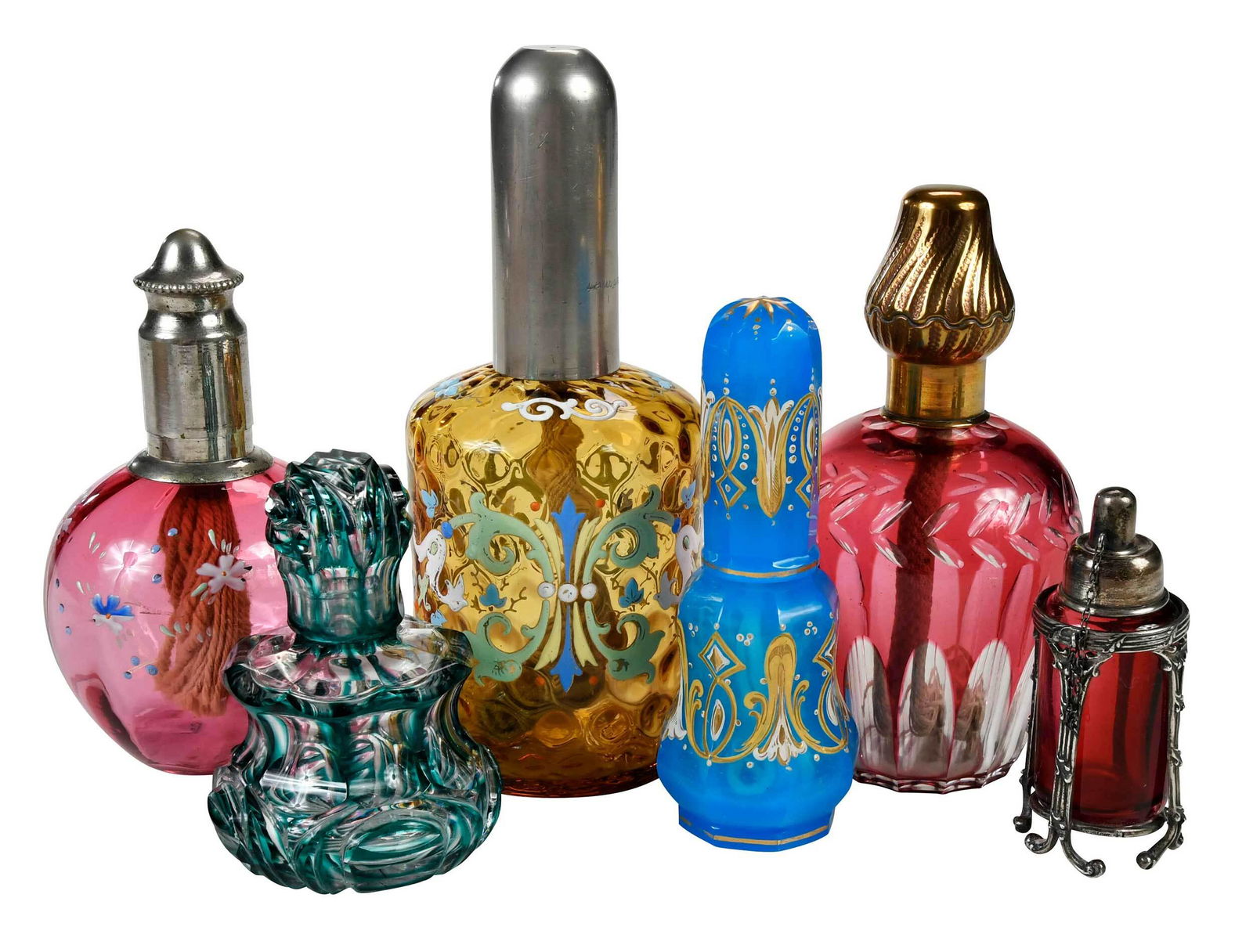 Six Colored Enameled and Cut Glass Burner Diffusers: French/Bohemian, late 19th century, comprising: blue opaline glass, base is cut into panels and enameled in off-white, mustard yellow and gold in Rococo style, elongated top has same decoration as bas