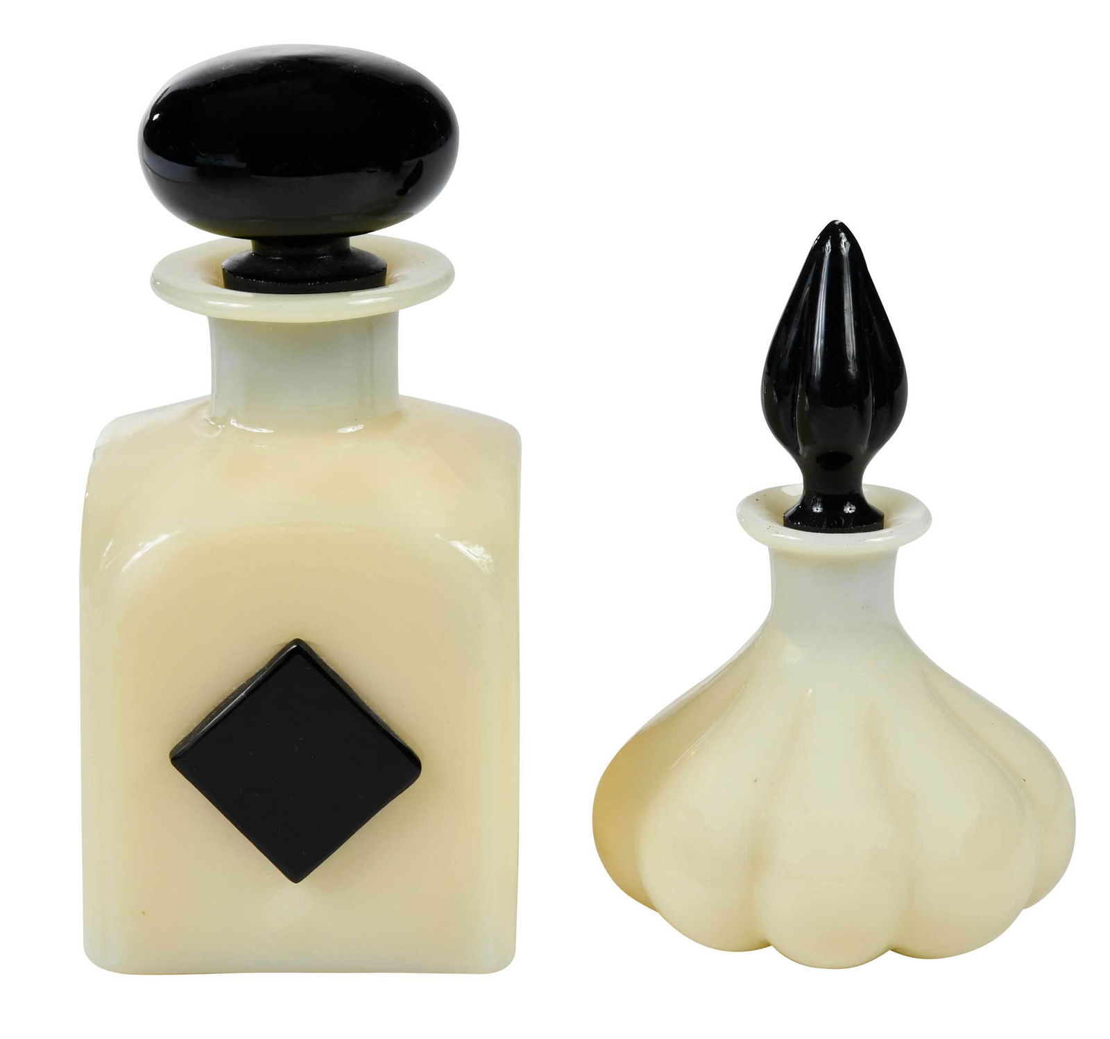 Two Steuben Ivory Glass and Mirror Black Perfumes: American, circa 1920-1930, comprising: Steuben Cologne #7347, ivory glass square body with applied black diamond accent & matching black stopper, 5-3/8 x 2-5/8 x 3-3/4 in.; Steuben ivory glass bottle