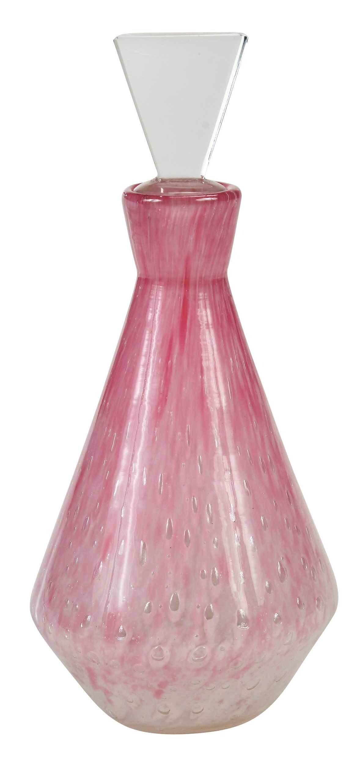 Steuben Cluthra Glass Perfume Bottle: American, circa 1929-1930, Steuben shape 6881 in pink cluthra glass, fixed air bubble decoration, with trapezoidal clear glass stopper, lacking dauber, unsigned, 7-1/4 in. Provenance: Collection of Ja