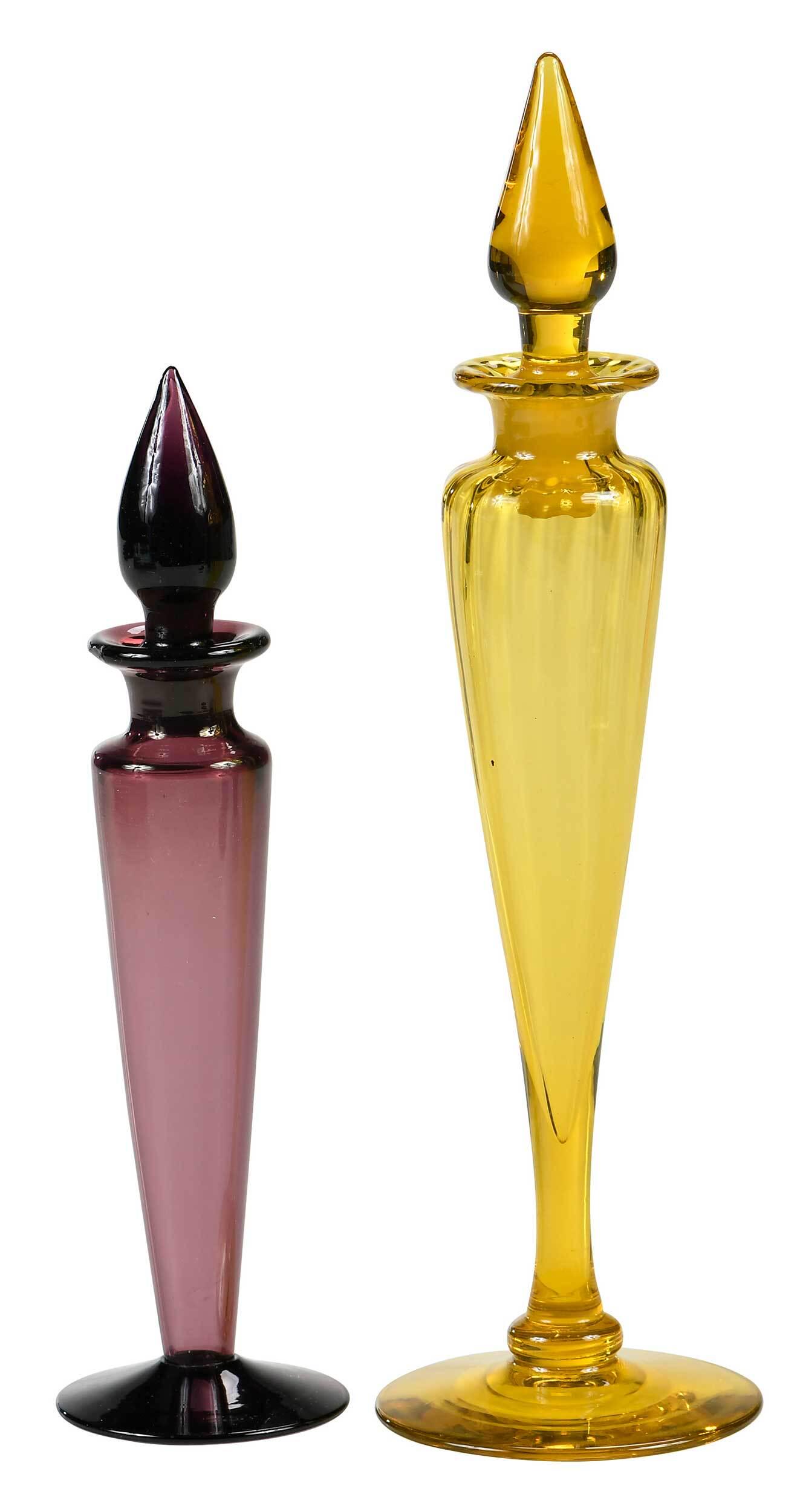 Two Steuben Glass Perfume Bottles: American, circa 1920, shape 1414, tapering cylindrical form, optic glass in Bristol yellow, ribbed body, circular foot, teardrop form stopper, 10 in.; shape 1988, tapering cylindrical form, in Amethys
