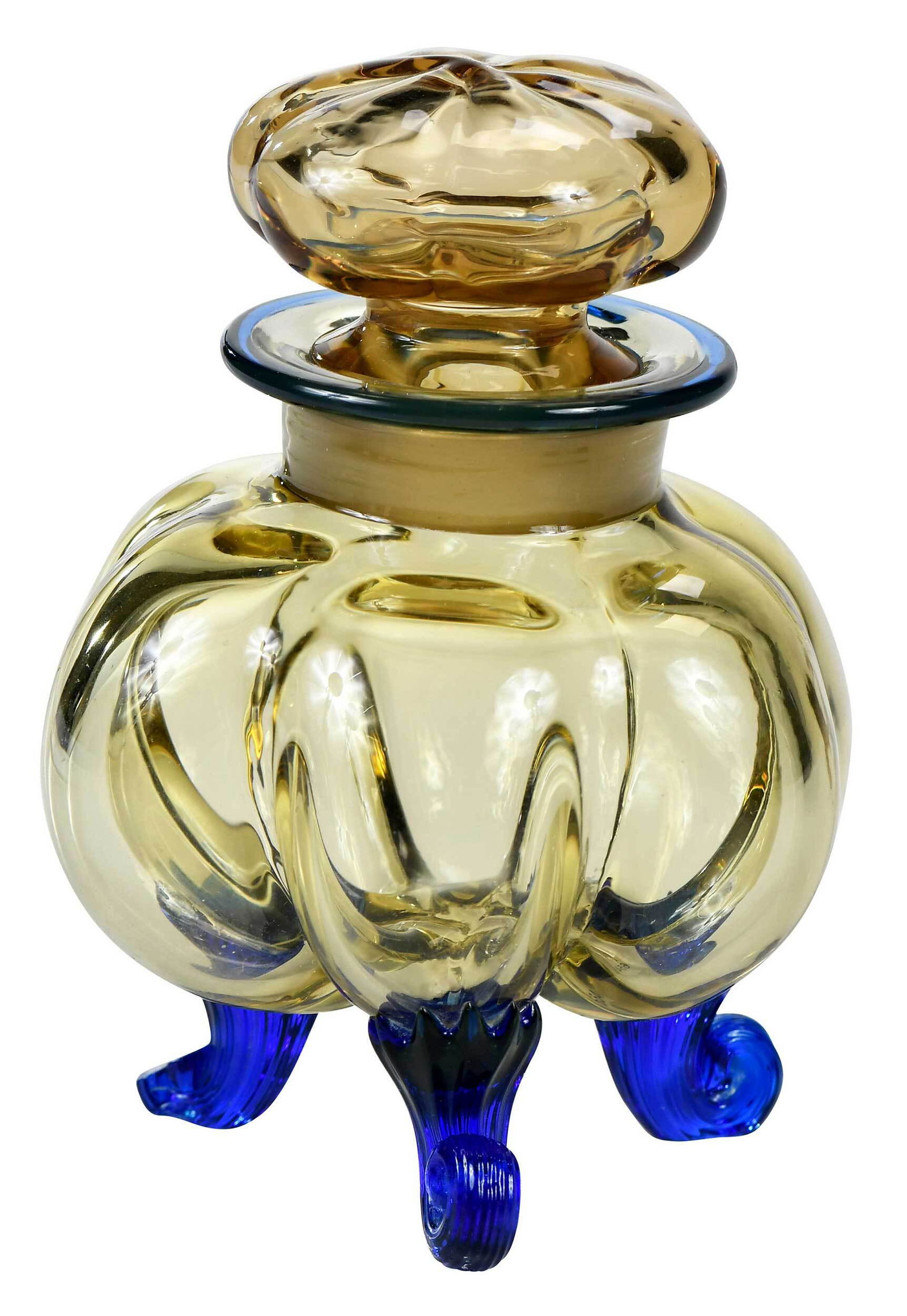 Steuben Amber and Flemish Blue Glass Cologne Bottle: American, early 20th century, Steuben shape 2701, having amber lobed body and floriform stopper, with Flemish blue feet and border, bottle and stopper numbered "2", 4-1/2 in. Provenance: Collection of