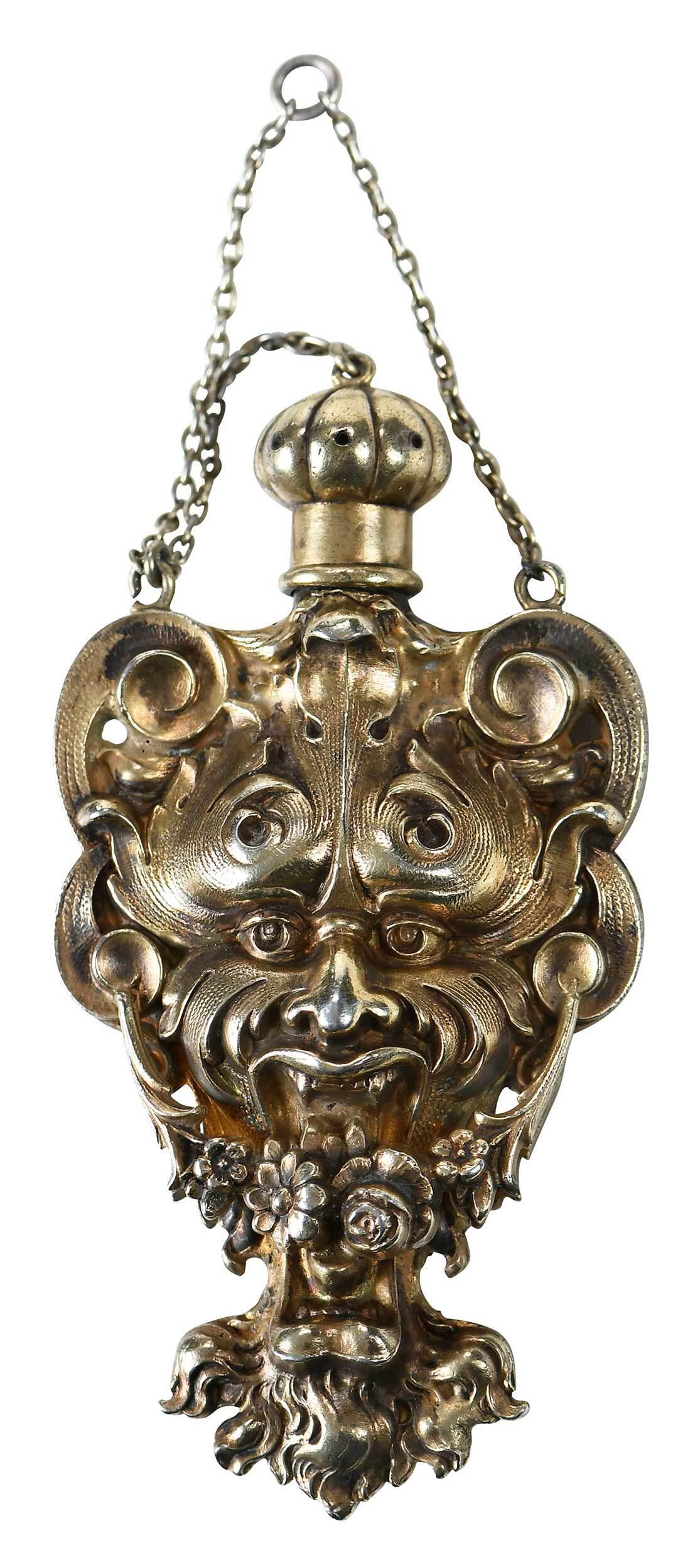 Art Nouveau Gilt Sterling Grotesque Mask Vinaigrette: American, late 19th/early 20th century, double sided with mask and swag decoration, chatelaine chain, lid with holes and connected with chain, marks for Wm. B. Kerr & Co. (Newark, New Jersey, working 