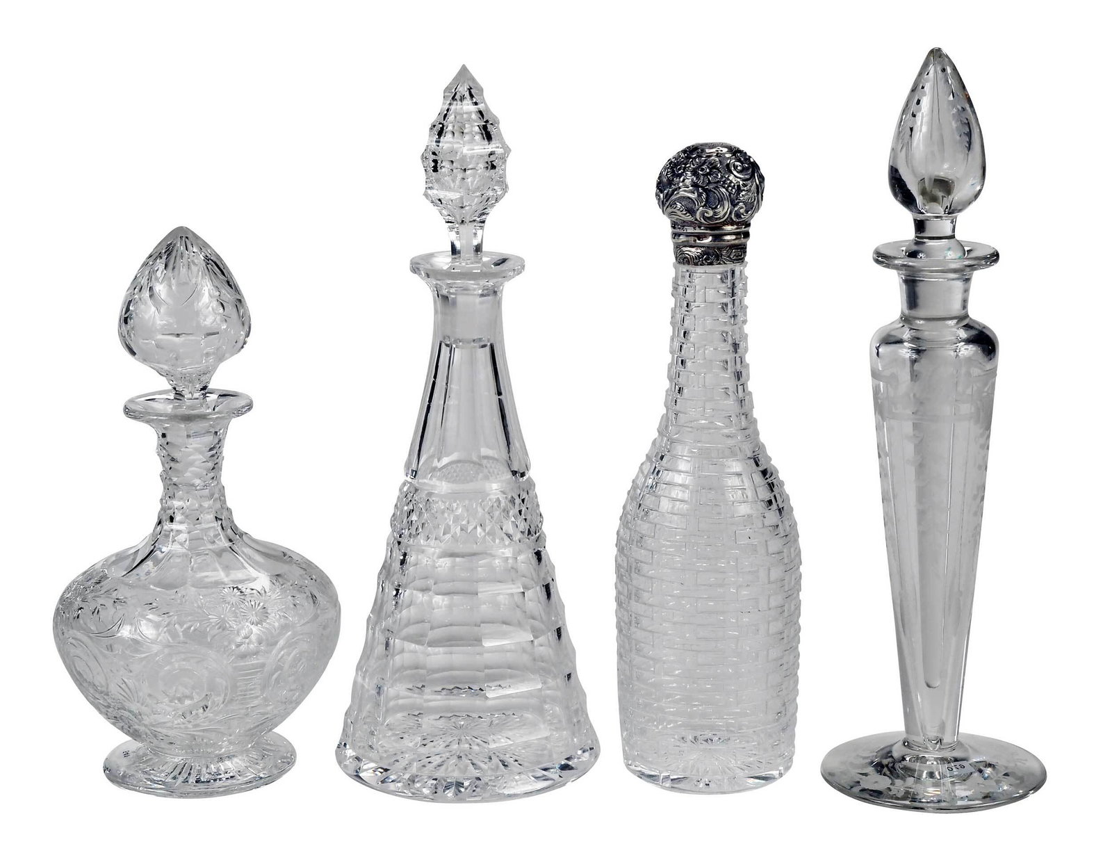 Four Intaglio, Etched, and Cut Clear Glass Perfumes: 19th/20th century, engraved and cut glass bottle, faceted neck with floral design on body, matching stopper, starburst on base, acid mark on base and on bottom of stopper "[club]/Hawkes", 6-3/4 in.; c
