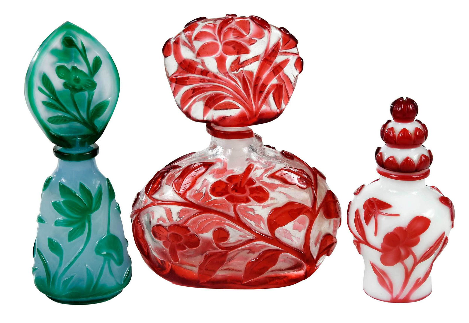 Three Chinese Peking Glass Perfume Bottles: 20th century, comprised of various forms and decoration, each signed "China" to base, tallest 6 in. Provenance: Collection of Janice and Joe Boyd
