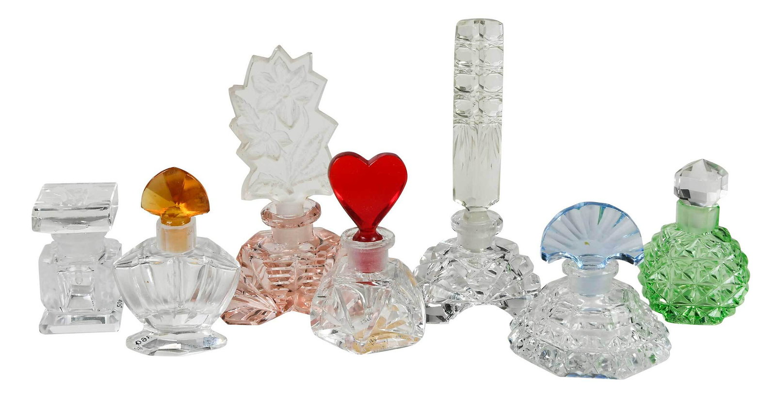 Seven Mini Czech Cut Glass Perfumes: early 20th century, comprising: shaped rectangular pink base, frosted glass stopper with foliate decoration, acid etched "Made in Czechoslovakia" to base, 3-1/2 in.; green lozenge form, associated fac