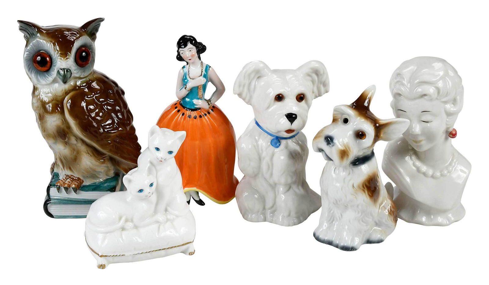 Six Ceramic Perfume Lamps: 20th century, comprising: two seated dogs with glass eyes, one electrified; two white cats with blue eyes seated on a cushion, electrified; a Japanese lady in orange skirt, electrified, with Irice lab