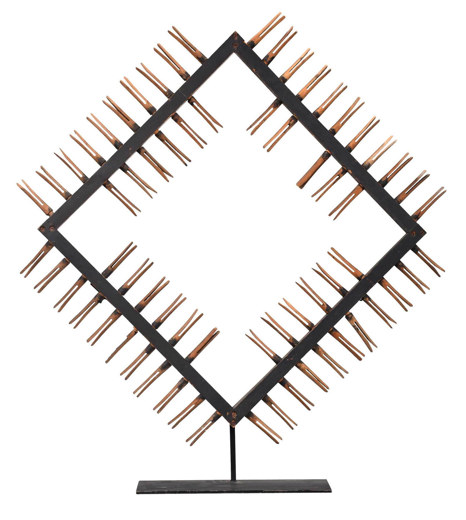 American Painted Wood and Clothespin Herb Drying Rack: late 19th century, painted wood diamond frame with numerous clothespin pegs, mounted on metal stand, 39 x 37 x 5 in. Provenance: Property sold to benefit the American Folk Art Museum