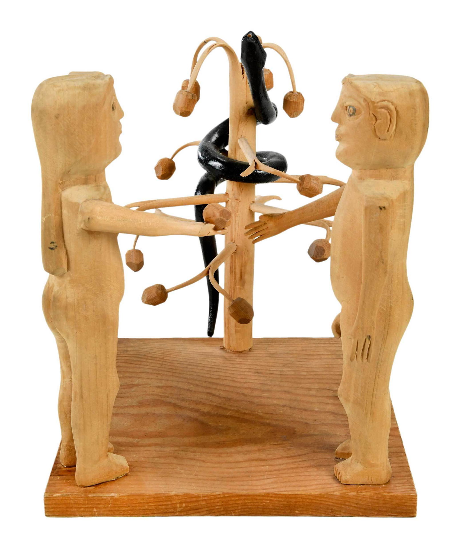 Edgar Tolson, The Temptation: (American, 1904-1984) carved white pine scene of Adam and Eve in the Garden of Eden, featuring tree and painted snake, signed on base "Nov 15 1977/Carved by Edgar-Tolson/Campton KY", 12-1/2 x 11 in. P