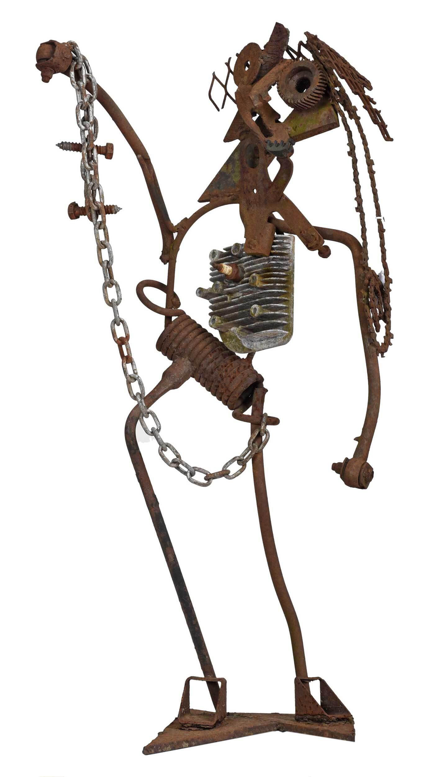 Charlie Lucas, Sculpture Male Figure: (American, born 1951) welded assemblage of found metal and plastic objects, standing metal figure, unsigned, 34 x 18 in. Provenance: Property sold to benefit the American Folk Art Museum