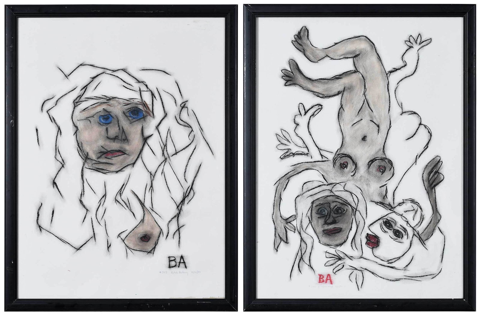 Butch Anthony: (American/Alabama, born 1964) Two pastels on paper: The Kiss, signed lower left "BA #343 Butch Anthony 12/30/95", Blue Eyes, both 29-7/8 x 22-1/8 in.; matching mat black frames, 23-3/8 x 24-1/2 in. Pr