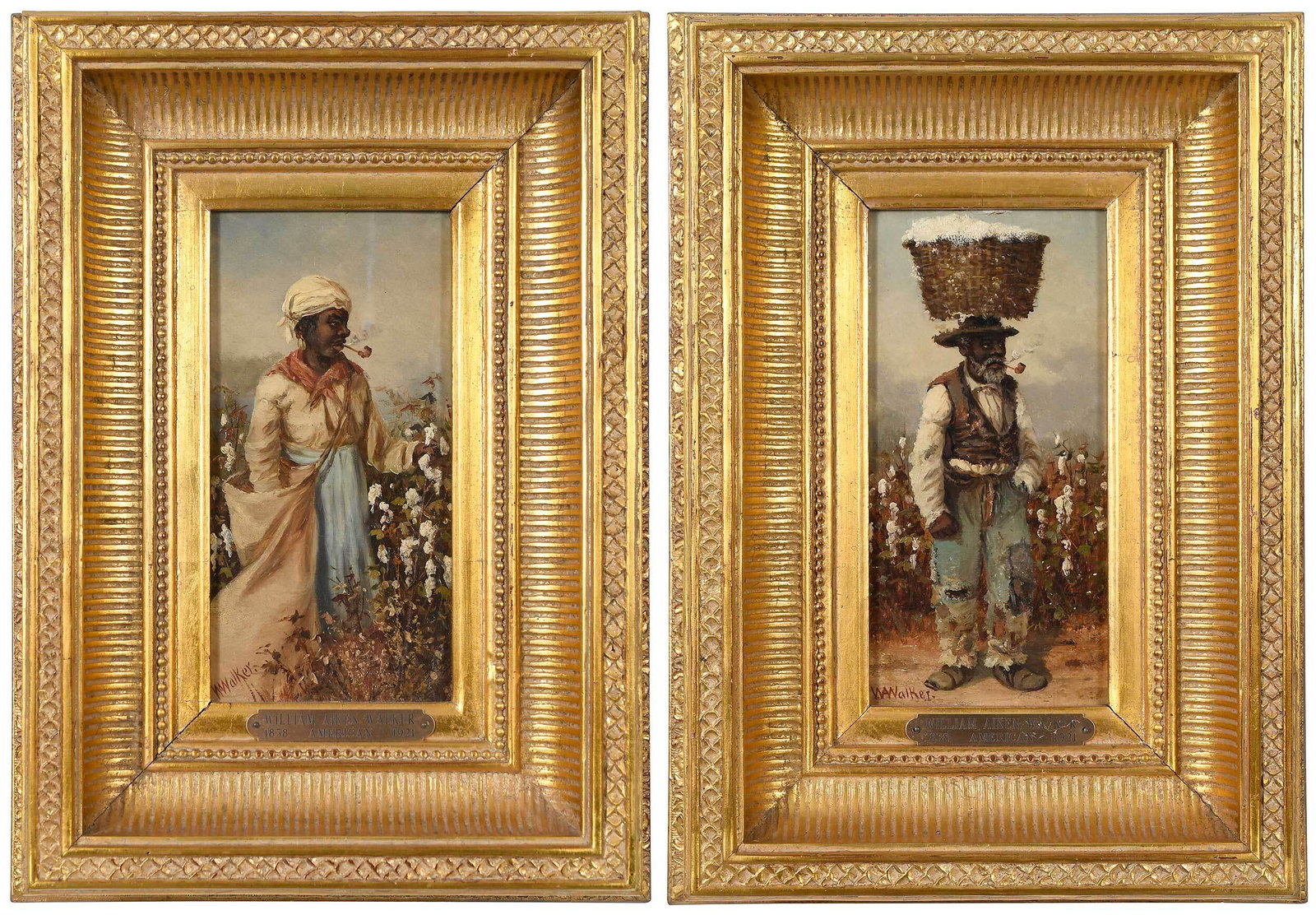 Pair of William Aiken Walker Paintings: (American/South Carolina, 1838-1921) Two Portraits of Cotton Pickers, signed lower left "WAWalker", oil on board, 8 x 4 in.; matching gilt wood frames, 14-1/4 x 10-1/4 in. Provenance: Private Collecti