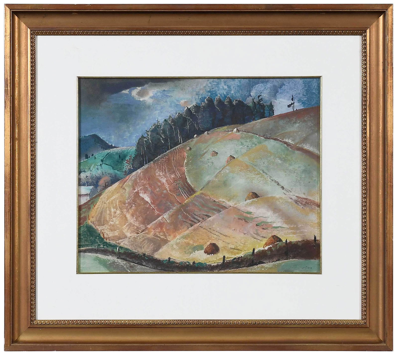 Will Henry Stevens: (American, 1881/87-1949) Landscape Hillside with Haystacks, signed lower right "Stevens", inscribed verso "Cram 80", pastel on paper, 16 x 20 in.; gold painted frame, 27-1/2 x 31 in. Provenance: Priva