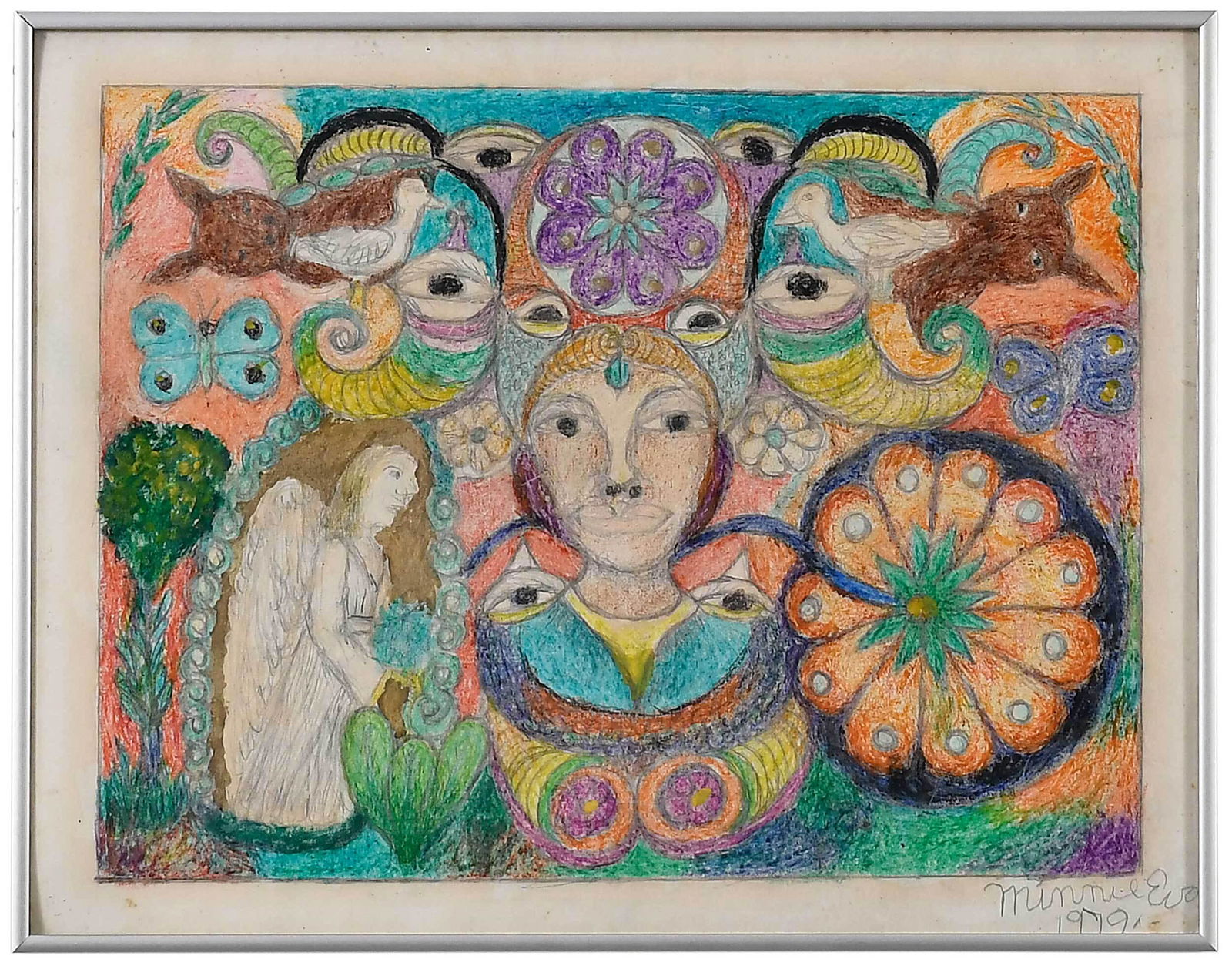 Minnie Jones Evans: (American/North Carolina, 1892-1987) Untitled, Faces with angel, signed lower right "Minnie Evans 1979", signed verso "Minnie Evans, Jan 1979", pencil, crayon and gold paint on paper, image size 12 x