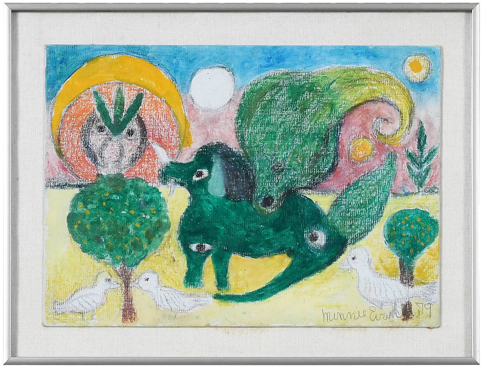 Minnie Jones Evans: (American/North Carolina, 1892-1987) Untitled, signed lower right "Minnie Evans 1979", pencil, crayon and paint on artist board, image size 10 x 14 in.; metal frame, 12-3/4 x 17-3/4 in. Provenance: Pr