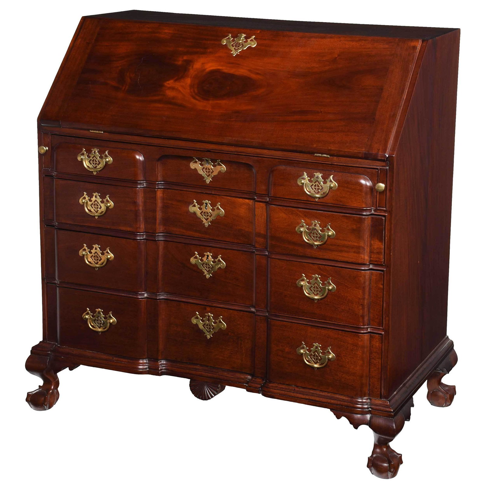 Fine American Chippendale Mahogany Blockfront Desk: Salem, Massachusetts, circa 1775, with figured mahogany fall board opening to fitted interior with fitted prospect door opening two additional drawers, one fan carved, two fan carved drawers, above fo